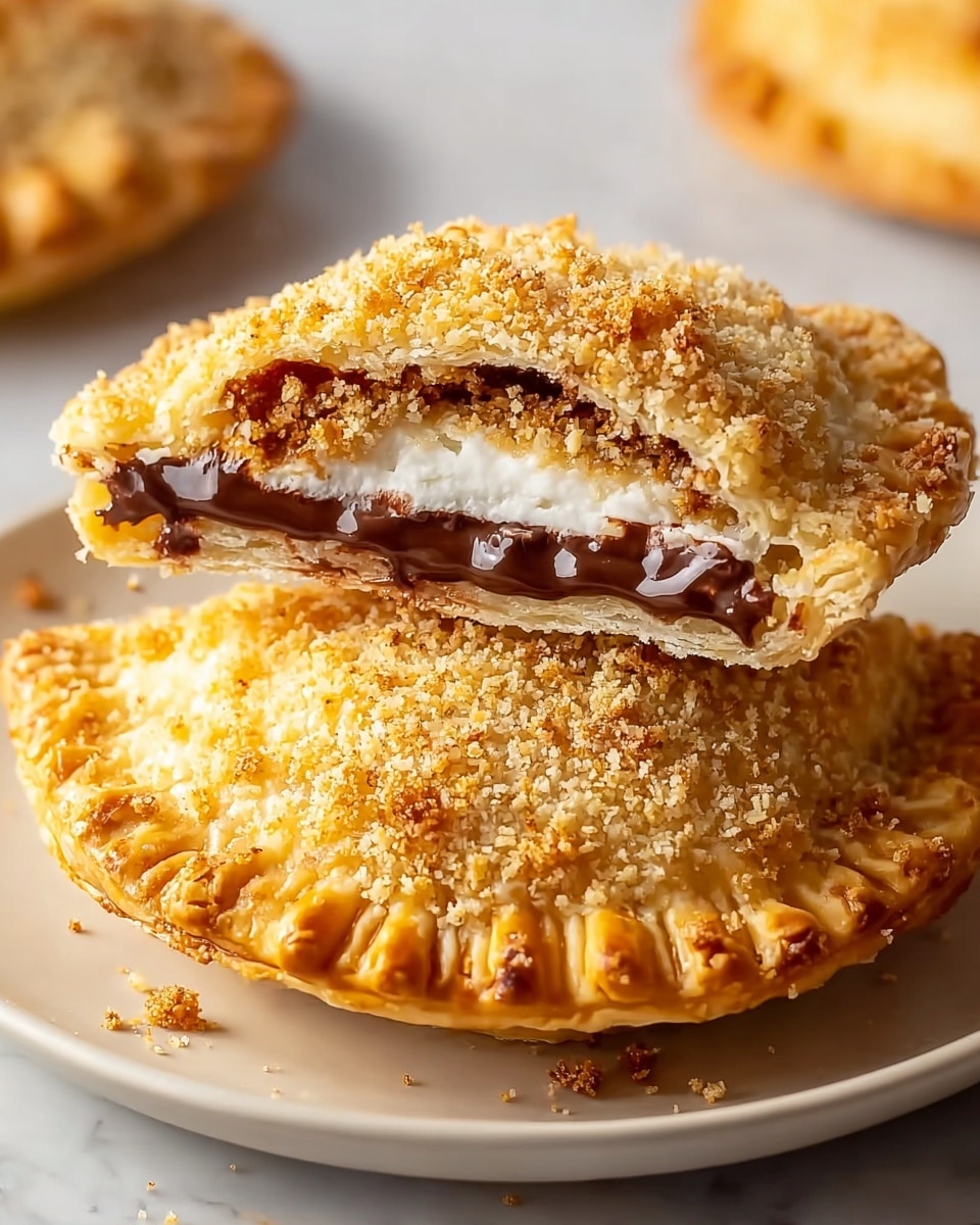 The image shows two small hand pies stacked on a white plate on a white marbled surface. The pies have a thick, golden-brown crust with a crimped edge, covered in a layer of crunchy, toasted crumb topping. One pie is whole, while the top pie is cut in half, revealing three inside layers: a shiny, dark chocolate filling in the middle, a fluffy white layer above the chocolate, and a flaky, golden pastry crust forming the base and sides. The texture of the crust looks crisp and slightly glossy as if brushed with egg wash. Photo taken with an iphone --ar 4:5 --v 7