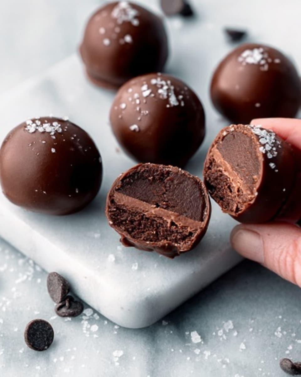 The image shows round chocolate truffles on a white marbled surface with small chocolate chips scattered around. Each truffle is smooth and shiny with a light sprinkle of salt on top. One truffle is cut in half, revealing three inner layers: a dark, moist-looking chocolate center, a thin lighter brown layer, and a smooth milk chocolate outer shell. A woman's hand is gently holding one truffle on the edge of a white rectangular dish, adding a soft touch to the composition. The contrast between the dark chocolates and the white marbled background makes the truffles stand out. photo taken with an iphone --ar 4:5 --v 7