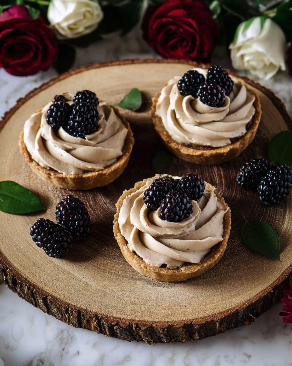 Three small round tarts sit on a round wooden board with visible tree rings, placed on a white marbled surface. Each tart has a light golden brown crust as the base, topped with smooth, light brown cream swirled in thick, even layers. On top of each tart, two or three shiny black blackberries are neatly placed, adding a deep dark color contrast. Around the board, there are green leaves and red and white roses adding natural decoration. photo taken with an iphone --ar 4:5 --v 7