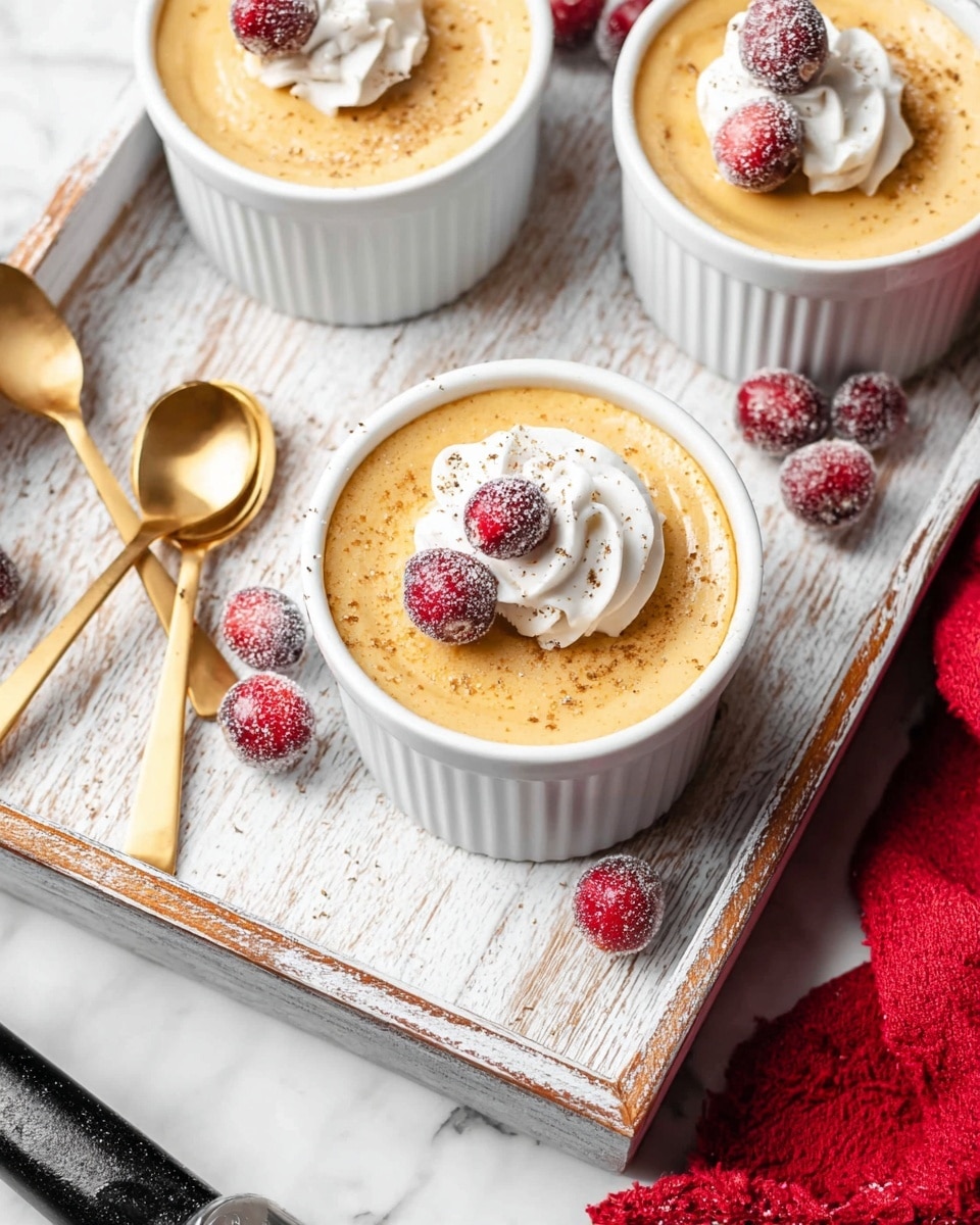 The image shows three white ramekins filled with a creamy, light orange pudding-like dessert topped with a small dollop of white whipped cream and two sugared cranberries each, sprinkled lightly with brown specks, probably cinnamon or nutmeg. The ramekins are placed on a rustic white wooden tray with visible wood grain texture, accompanied by two small golden spoons lying on the tray. Some sugared cranberries are scattered around on the tray's surface, which sits on a white marbled textured background. A small part of a red cloth is seen on the right side of the image, and a black handle of a kitchen tool is visible at the bottom. photo taken with an iphone --ar 4:5 --v 7