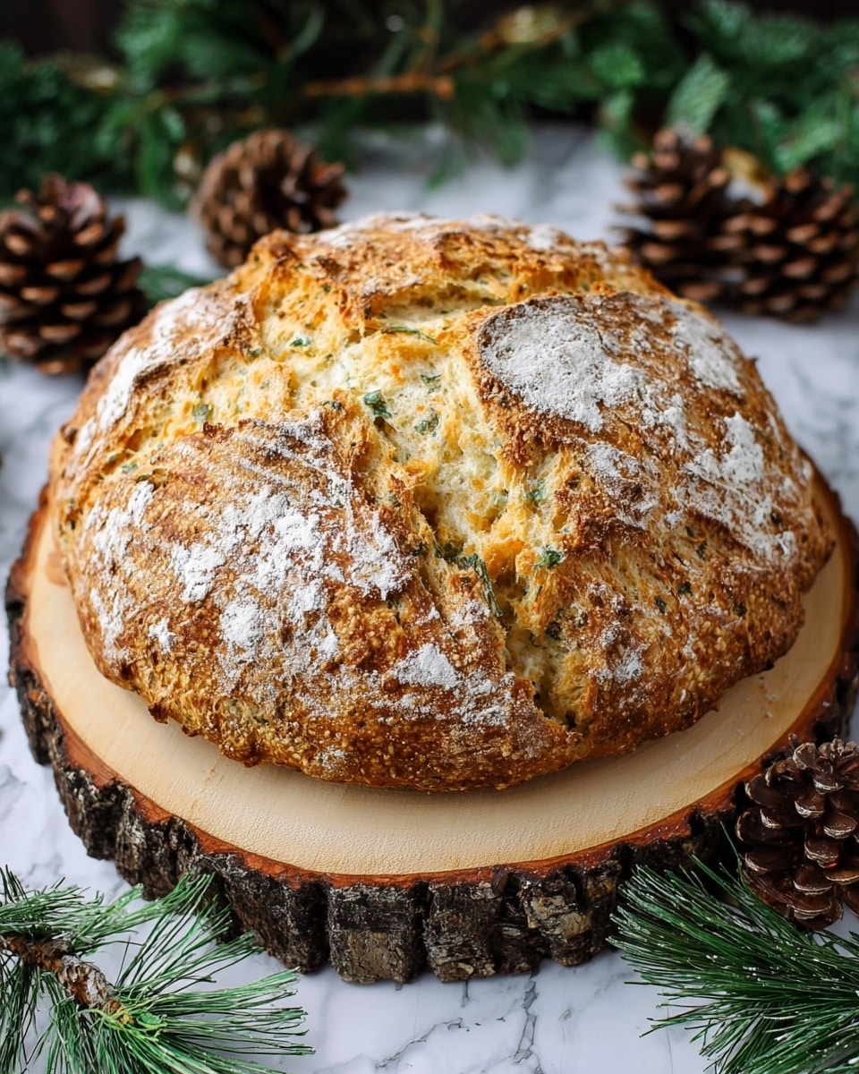 A round loaf of bread with a rough, rustic texture sits on a natural wood slice that shows bark around its edges. The bread has a golden-brown crust with sections dusted in white flour and visible bits of herbs and cheese embedded in the dough. It is divided into six large, uneven segments with a cracked surface, revealing a soft, speckled inside. The background includes pine green needles and brown pine cones around the bread, all placed on a white marbled surface. photo taken with an iphone --ar 4:5 --v 7