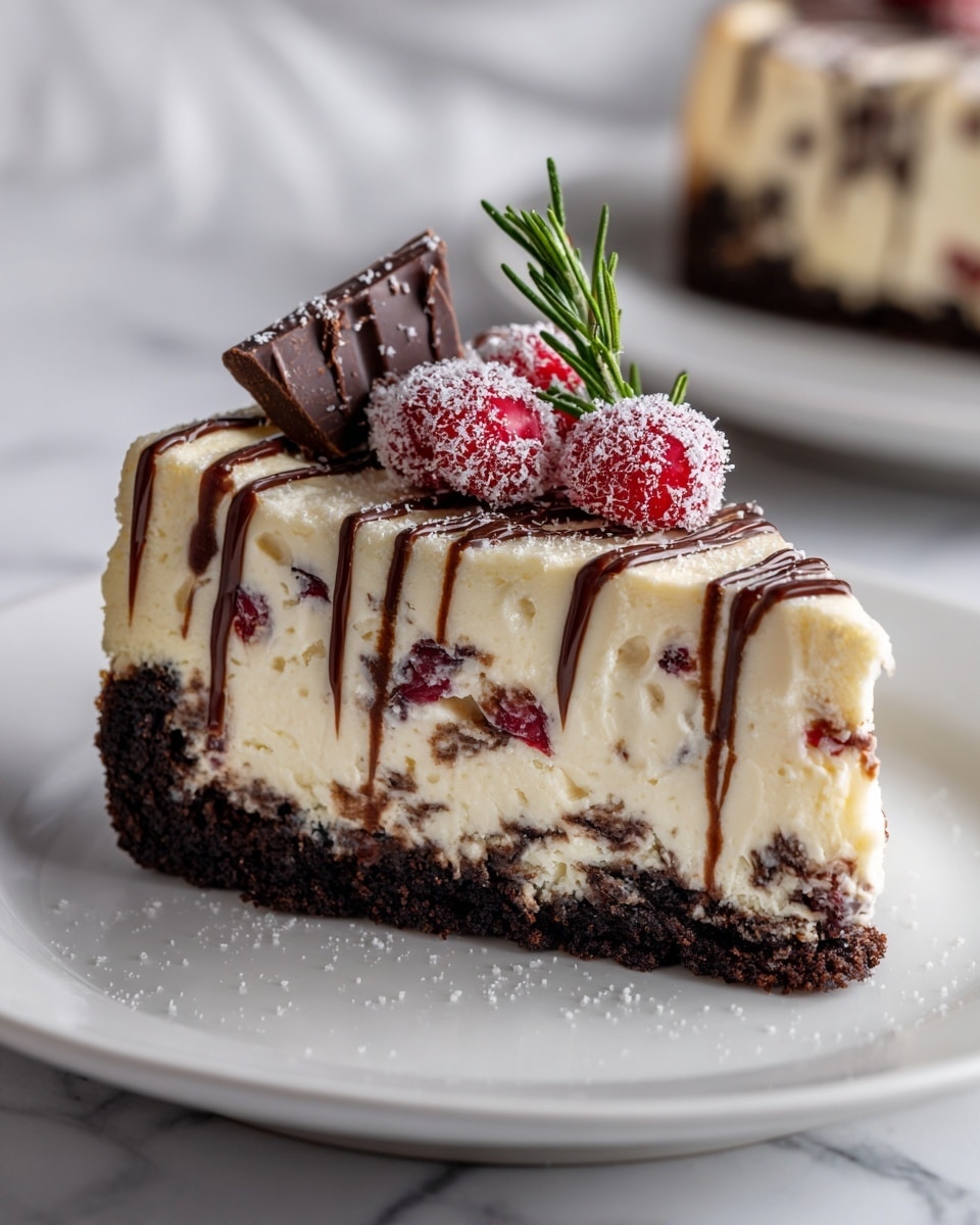 A slice of cheesecake is shown with three main layers, sitting on a white plate against a white marbled texture background. The bottom layer is a dark, crumbly chocolate crust. The middle layer is thick, creamy cheesecake flecked with red berries and bits of dark chocolate mixed inside. The top layer is smooth and pale cream, drizzled with thin lines of dark chocolate. On top, there are small red sugared berries, a sprig of green rosemary, and a piece of dark chocolate, all lightly dusted with powdered sugar. Photo taken with an iphone --ar 4:5 --v 7