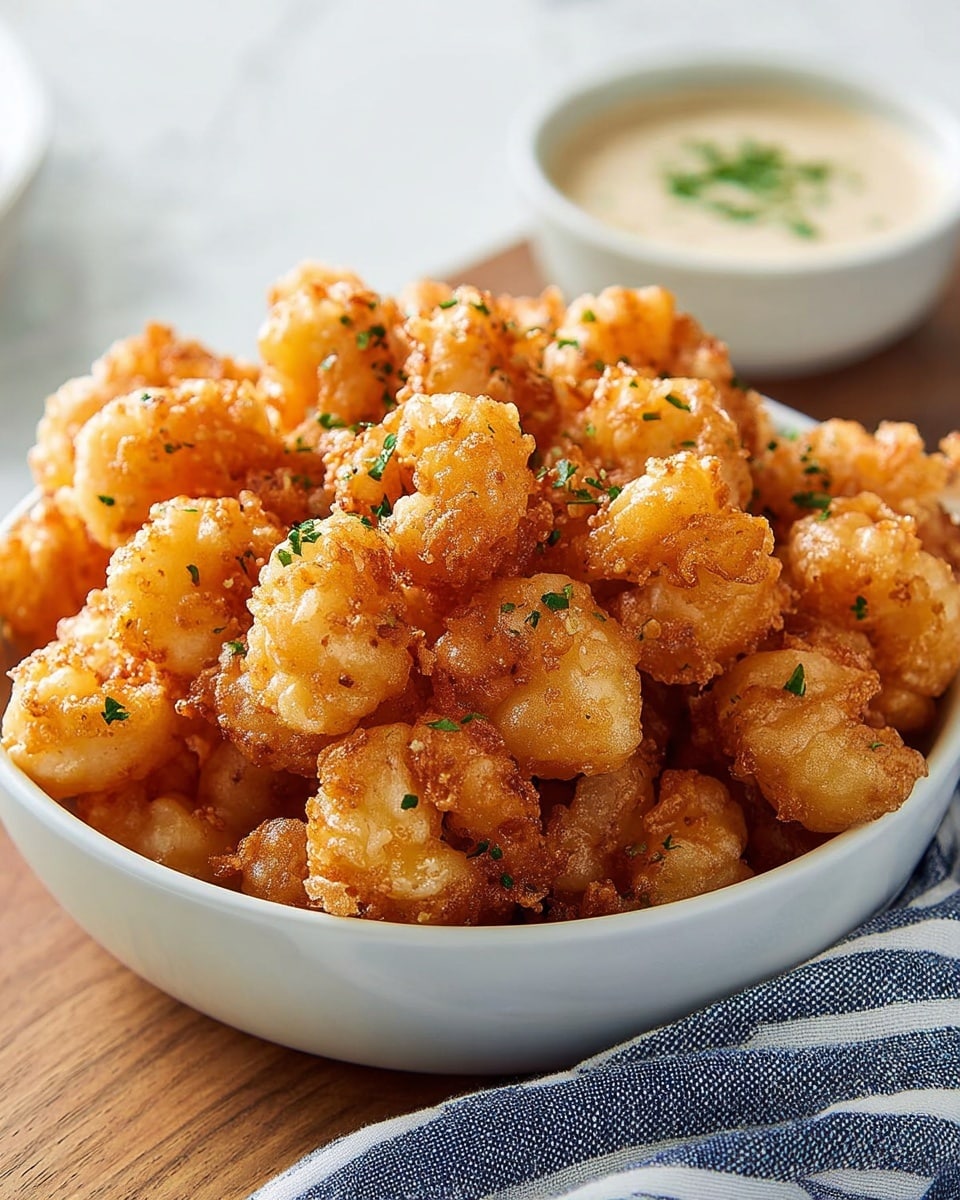 A bowl filled with many pieces of golden-brown fried popcorn shrimp, each shrimp showing a crispy, bubbly texture with small bits of green herbs sprinkled on top, giving a crunchy and savory look. The white bowl sits on a wooden surface next to a blue and white striped cloth napkin. In the blurred background, there is a white bowl with a creamy, light-colored dipping sauce garnished with green herbs. The scene is clean and bright with soft natural light, all placed on a white marbled texture. photo taken with an iphone --ar 4:5 --v 7