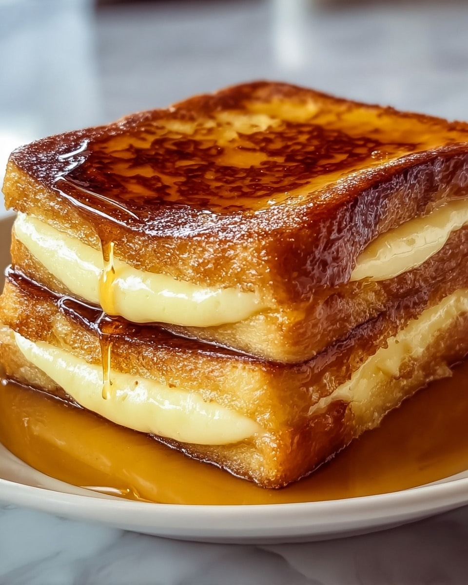 A close-up of a two-layered French toast stack on a white plate, with each layer showing a golden-brown, crispy texture on the outside and a soft, creamy light yellow custard filling in between. The top layer is thick and glossy with syrup pooling around the base, creating a shiny surface with rich amber tones. The white plate rests on a white marbled texture, adding a clean, bright contrast to the warm colors and smooth syrup drips along the sides of the toast. photo taken with an iphone --ar 4:5 --v 7