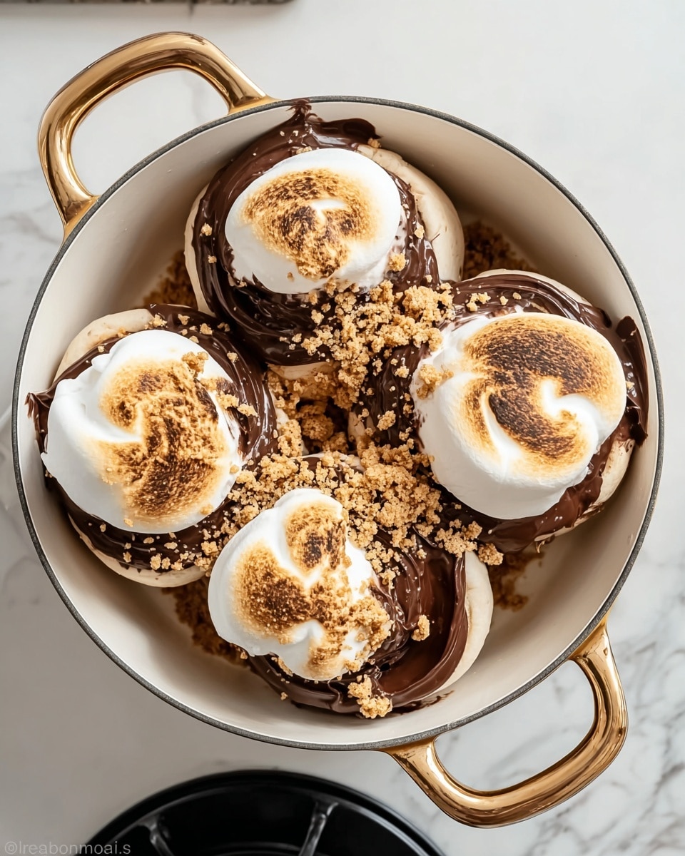 The image shows four round cream-colored rolls arranged closely inside a white pot with golden handles. Each roll has a thick swirl of melted dark brown chocolate spread on top and is topped with a large, toasted white marshmallow that has golden brown burnt edges. Crushed graham cracker crumbs are sprinkled over the marshmallows, adding a crumbly texture. The pot is set on a white marbled surface with a small black stove visible at the bottom right corner. Photo taken with an iphone --ar 4:5 --v 7