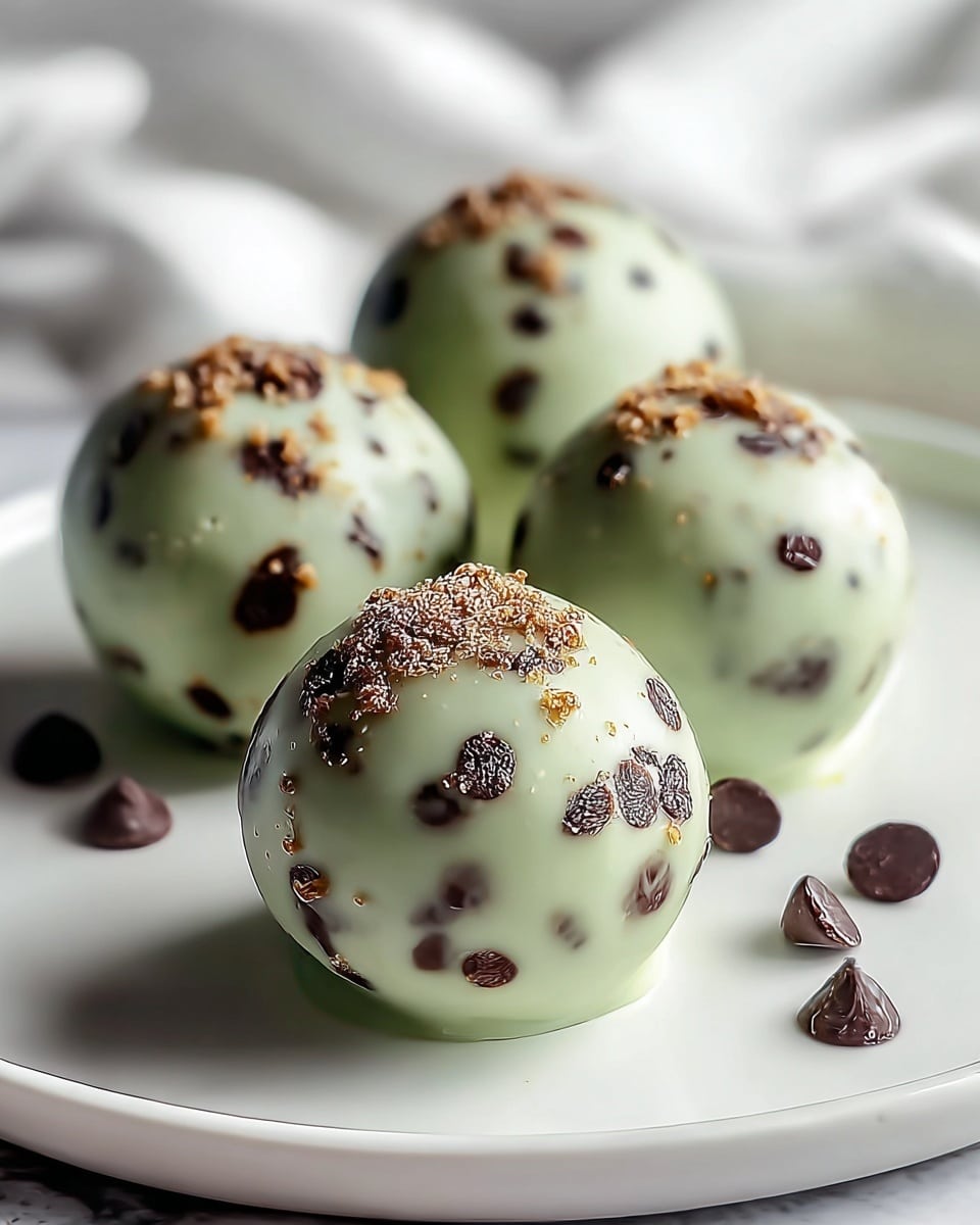 The image shows five round truffles placed on a white plate over a white marbled surface. Each truffle has a pale green outer layer speckled with small dark brown bits. One truffle is cut in half and stands on another, revealing a textured inner layer that is light green with dark brown pieces mixed inside. The tops of the truffles are sprinkled with larger dark brown chocolate flakes. Several dark chocolate chips rest on the plate around the truffles. The lighting highlights the smooth and glossy surface of the truffles and the fine texture inside, creating a clean and inviting look. Photo taken with an iphone --ar 4:5 --v 7