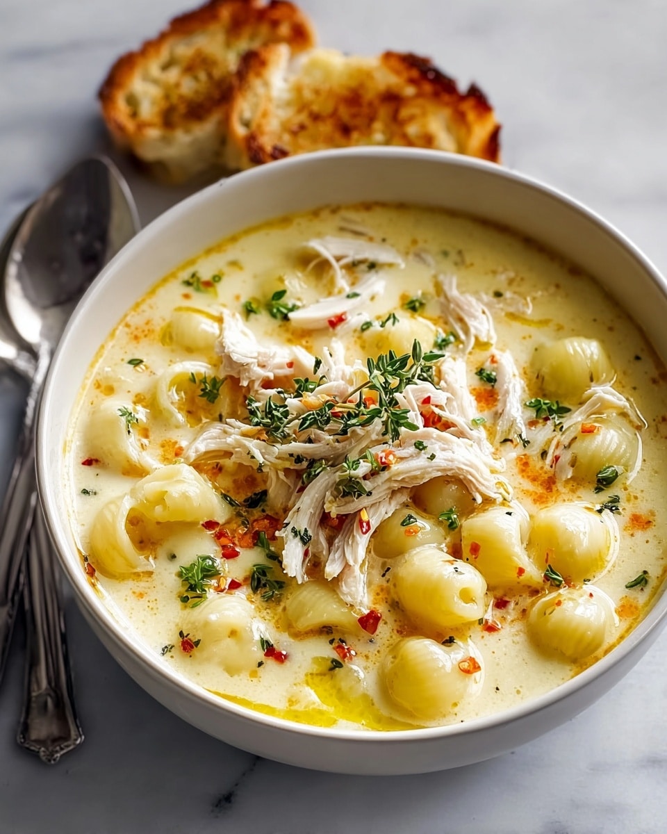 A white bowl filled with creamy, light yellow soup layered with small, curved macaroni noodles that have a soft, smooth texture. On top, there are shredded pieces of white chicken, garnished with small green herb leaves and tiny red chili flakes, with a sprig of fresh thyme placed across the center. The soup surface shows droplets of golden oil adding shine and richness. Behind the bowl, pieces of toasted bread with browned, porous tops are visible, along with two silver spoons. The whole setting rests on a white marbled surface. photo taken with an iphone --ar 4:5 --v 7