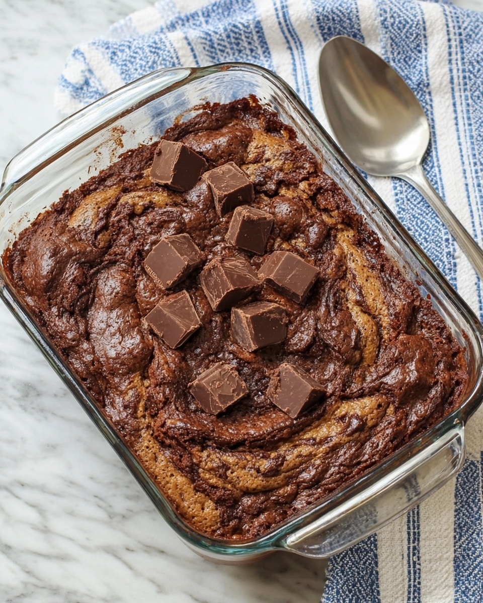 A clear glass baking dish filled with a rich chocolate dessert with a rough, cracked top layer and swirls of lighter brown batter peeking through, giving a marbled effect; scattered chunky chocolate pieces are placed on top, adding texture and depth. The dish sits on a white marbled texture, next to a white and blue striped cloth with a metal spoon resting on it. photo taken with an iphone --ar 4:5 --v 7
