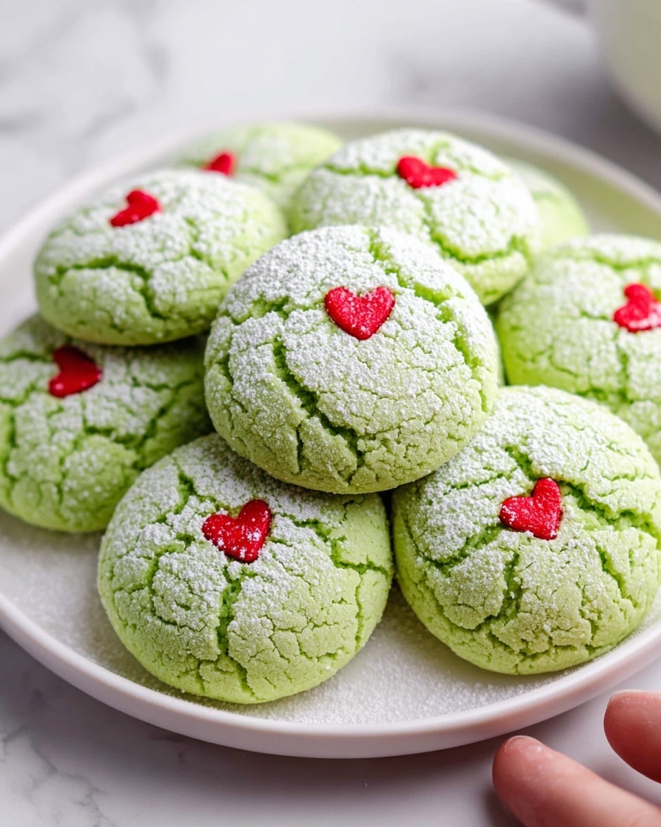 A white plate piled with round, green cookies that have a cracked, soft texture on top, each cookie lightly dusted with white powdered sugar. Small, bright red heart-shaped sprinkles are placed on the surface of each cookie, creating a charming contrast with the pale green color. The plate sits on a white marbled surface with part of a woman's hand reaching towards the bottom right corner of the image. The scene is bright and clean, focusing closely on the cookies. photo taken with an iphone --ar 4:5 --v 7