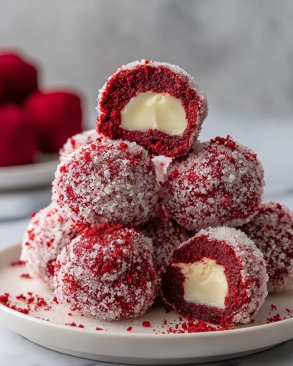 The image shows round red velvet balls covered in white powdered coating, arranged on a white marbled surface. Each ball has two layers: the outer layer is red and crumbly with a white powder layer, and the inside is a creamy, smooth white filling. Some balls are cut open to clearly show the thick white cream center surrounded by the red velvet layer. In the background, there is a white bowl filled with red crumbs, slightly blurred. The overall look is soft and rich, with a focus on the texture contrast between the crumbly outside and creamy inside. Photo taken with an iphone --ar 4:5 --v 7