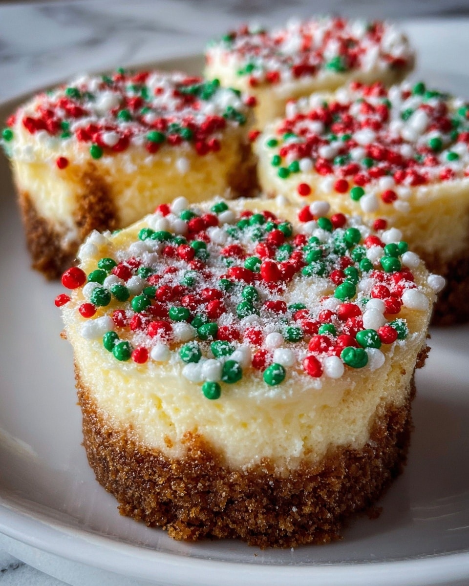 The image shows four small cheesecakes with two visible layers; a thick, crumbly brown crust at the bottom and a creamy pale yellow cheesecake layer on top. Each cheesecake is topped with a swirl of bright white whipped cream, decorated with festive red and green sprinkles scattered all over the whipped cream and lightly on the cheesecake edges. The cheesecakes are placed on a white marbled surface, with soft lighting giving a warm and inviting look to the dessert. Photo taken with an iphone --ar 4:5 --v 7