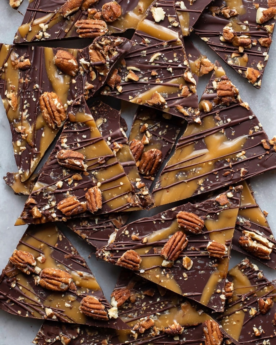 The image shows many irregular triangle pieces of chocolate bark layered with a smooth dark chocolate base, topped with swirls of golden caramel sauce. Whole and broken pecan nuts are scattered generously across the top, adding a textured, nutty brown contrast. Thin, wavy lines of dark chocolate drizzle cover the surface, creating a delicate pattern. The pieces are laid closely together on a white marbled texture background. Photo taken with an iphone --ar 4:5 --v 7