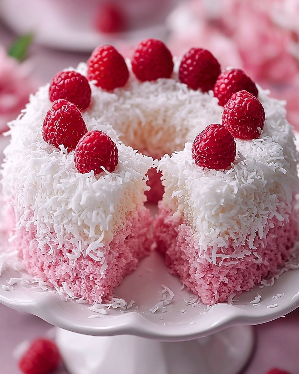 A pink ring-shaped cake sits on a white decorative cake stand with a gentle scalloped edge. The cake has two main layers: a bottom layer of soft pink sponge with a moist, crumbly texture, and a top layer covered generously in white shredded coconut. On top of the cake, there are eight whole red raspberries arranged evenly around the ring, adding a vibrant contrast. The background shows soft pink blurred shapes, enhancing the delicate and fresh look of the dessert. photo taken with an iphone --ar 4:5 --v 7