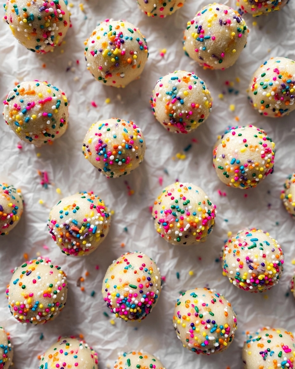 The image shows many round cookie dough balls coated evenly with colorful sprinkles in colors like pink, yellow, green, blue, orange, purple, and white. Each ball is smooth and light beige in color underneath the sprinkles, arranged in a random pattern on white crumpled parchment paper. The sprinkles add texture and bright spots of color, scattered lightly around the dough balls on the paper. The scene looks fresh and cheerful, with soft natural light highlighting the sprinkles and round shapes. photo taken with an iphone --ar 4:5 --v 7