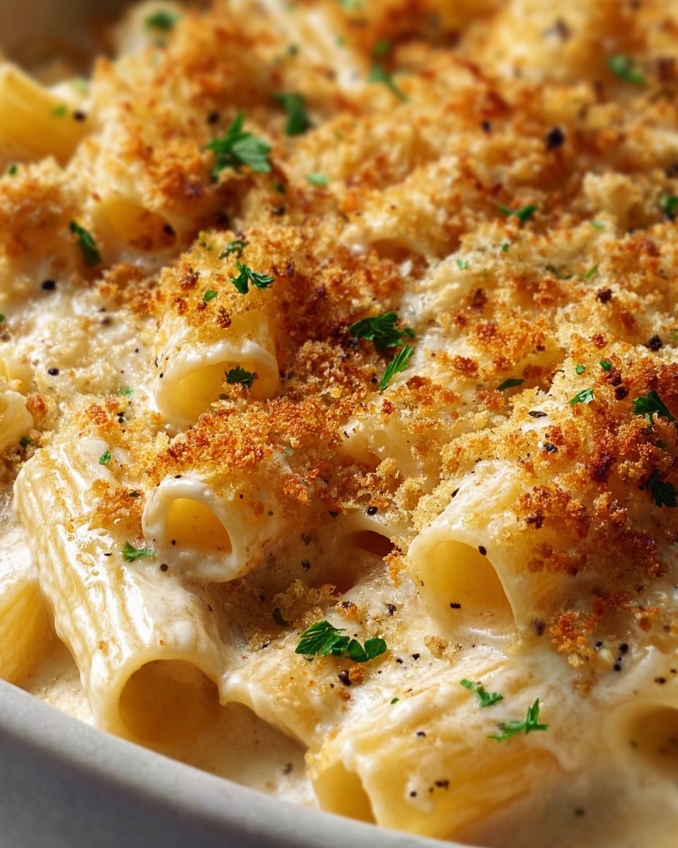 The image shows a close-up of baked rigatoni pasta covered in a creamy white sauce, with a crispy golden-brown breadcrumb topping scattered unevenly over the surface. The rigatoni tubes are smooth and pale yellow, peeking out from the thick sauce, which looks rich and slightly shiny. Small green parsley pieces are sprinkled around, adding specks of color, while some black pepper dots are visible on the sauce. The overall texture contrasts between the crunchy topping and creamy pasta underneath. The background is a white marbled texture. photo taken with an iphone --ar 4:5 --v 7