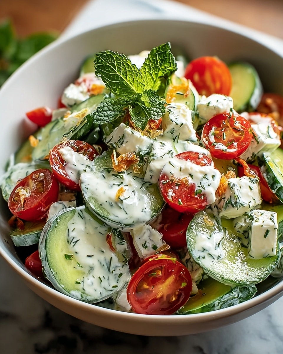 A bowl filled with a fresh salad made of thinly sliced bright green cucumbers as the base layer, topped with halved shiny red cherry tomatoes scattered throughout. Over the top, chunks of white creamy cheese mixed with green herbs and dollops of white herb dressing are spread evenly, creating a speckled texture. Small orange-brown crispy flakes and finely chopped herbs are sprinkled on top, and a small sprig of fresh deep green mint is placed in the center as garnish. The white bowl sits on a white marbled surface, capturing the fresh and colorful look of the salad. photo taken with an iphone --ar 4:5 --v 7