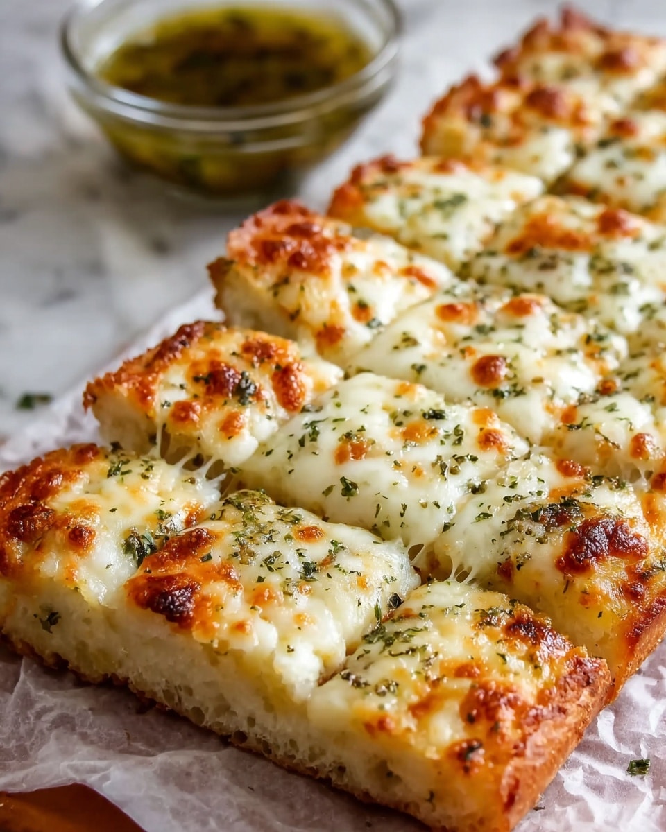 A close-up view of a rectangular cheesy bread cut into thick strips, showing two main layers: a golden-brown crust bottom with a soft texture, and a generous top layer of melted cheese that is white with toasted golden spots. The cheese layer is sprinkled with green dried herbs offering a speckled look. The bread rests on a sheet of white parchment paper over a white marbled surface, with a clear glass bowl holding a greenish dipping sauce blurred softly in the background. Photo taken with an iphone --ar 4:5 --v 7