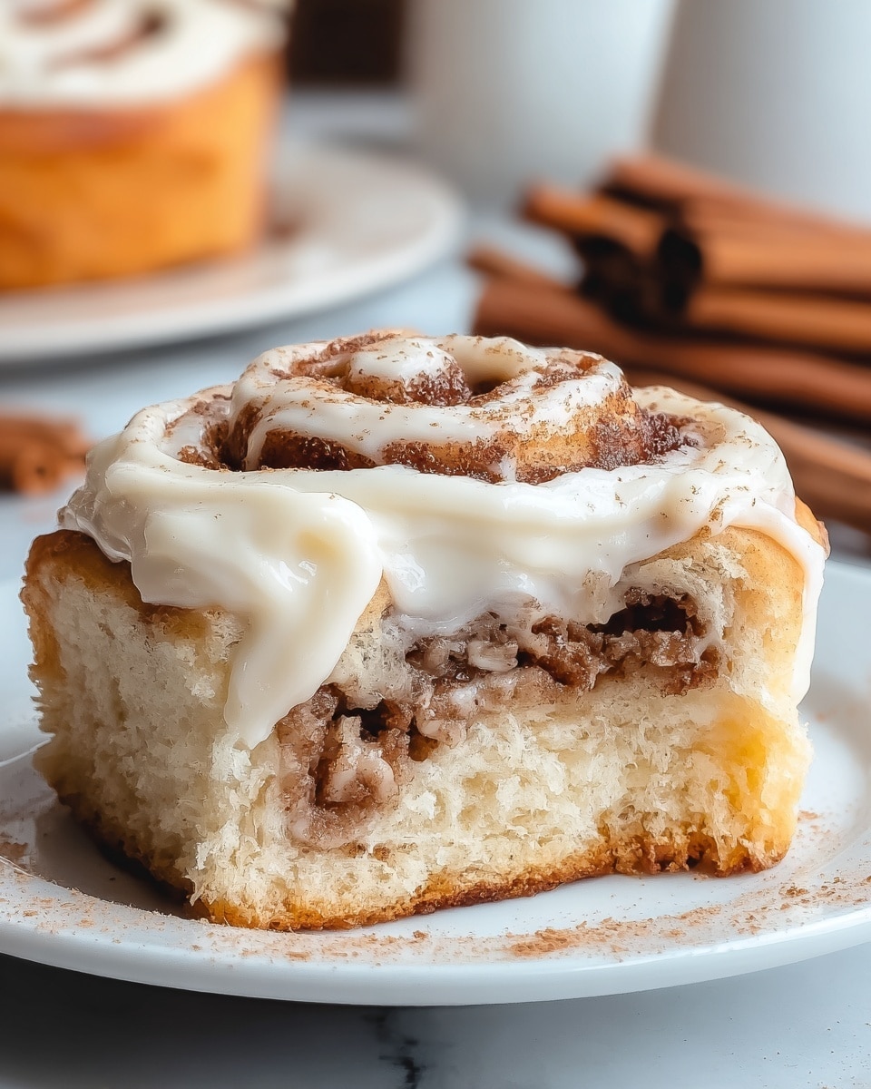 A close-up of a cinnamon roll with three visible layers: the bottom layer is a soft, golden-brown dough, the middle layer has swirled cinnamon and sugar with a slightly gooey texture, and the top layer is creamy white icing thickly spread, topped with a light sprinkling of cinnamon powder. The cinnamon roll sits on a white plate, placed on a white marbled surface. In the background, there are blurred cinnamon sticks and another cinnamon roll. photo taken with an iphone --ar 4:5 --v 7