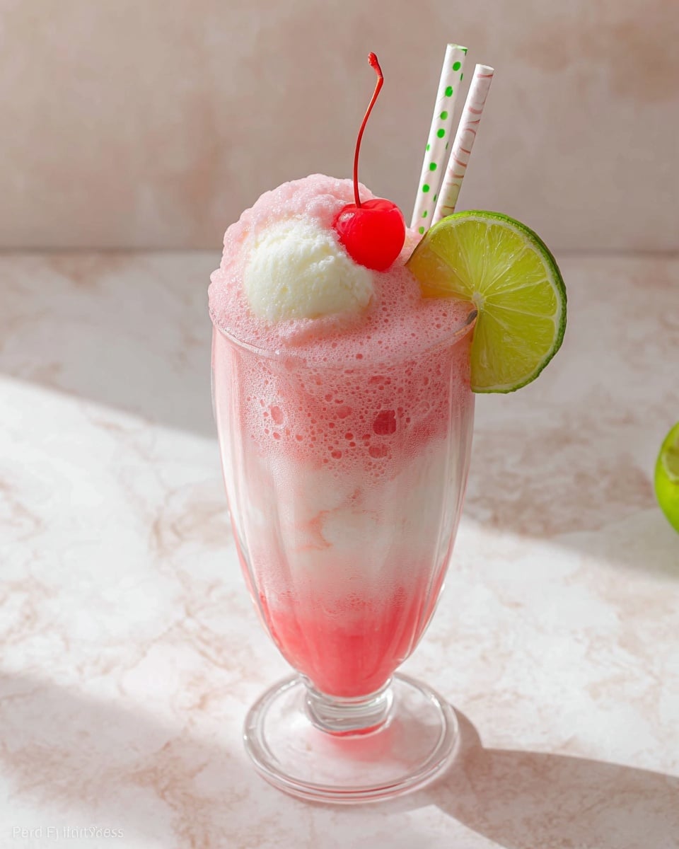 A tall clear glass contains a three-layered drink with a bottom layer of bright pink liquid, a middle layer of white creamy foam, and a top layer of thick pink foam with small bubbles. On top of the foam, there is a scoop of white ice cream, a bright red cherry to the right, and a green lime slice placed on the left rim of the glass. Two paper straws, one white with green dots and the other white with pink stripes, stand upright inside the drink. The glass is placed on a white marbled surface in soft natural light. photo taken with an iphone --ar 4:5 --v 7