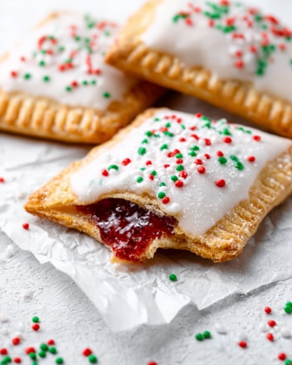 The image shows three rectangular pastries with golden brown, flaky crusts, each having a crimped edge pattern. One pastry is at the center, fully covered with a smooth, glossy layer of white icing, topped with colorful, thin, oblong sprinkles in pink, yellow, blue, and white. The other two pastries are partially visible around it without icing but have the same golden crust texture. All pastries rest on a round cooling rack placed on a white marbled surface. The photo has soft, natural lighting, highlighting the pastry textures clearly. photo taken with an iphone --ar 4:5 --v 7