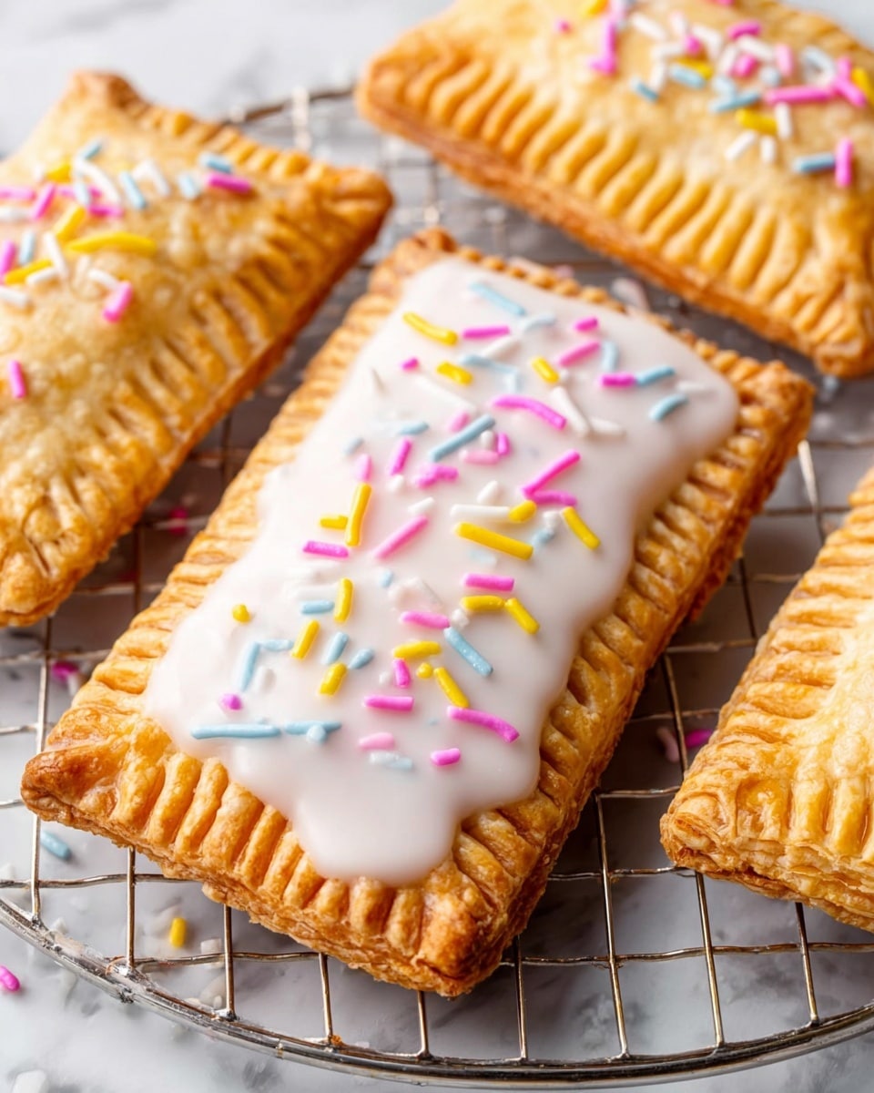 The image shows three pop tarts on crinkled white parchment paper over a white marbled surface. Each pop tart has a golden-brown crust with crimped edges. The closest pop tart is bitten, revealing a deep red jam inside. All pop tarts are topped with a smooth white icing layer that covers the top surface and is decorated with small red and green sprinkles evenly spread across. The photo is bright and softly focused in the background. Photo taken with an iphone --ar 4:5 --v 7