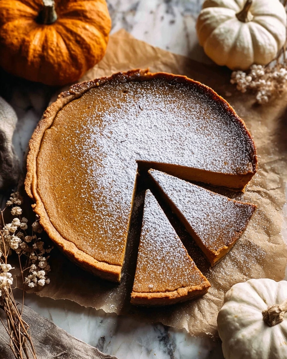 A round pumpkin pie with a smooth orange-brown surface, lightly dusted with powdered sugar on top. The pie has been cut into four slices with clean edges, and it sits on a piece of parchment paper on a white marbled surface. Around the pie, there are whole decorative pumpkins in light orange and white colors, and some dried flowers adding a rustic feel. The pie crust is golden and slightly raised around the edges, showing a soft texture. photo taken with an iphone --ar 4:5 --v 7
