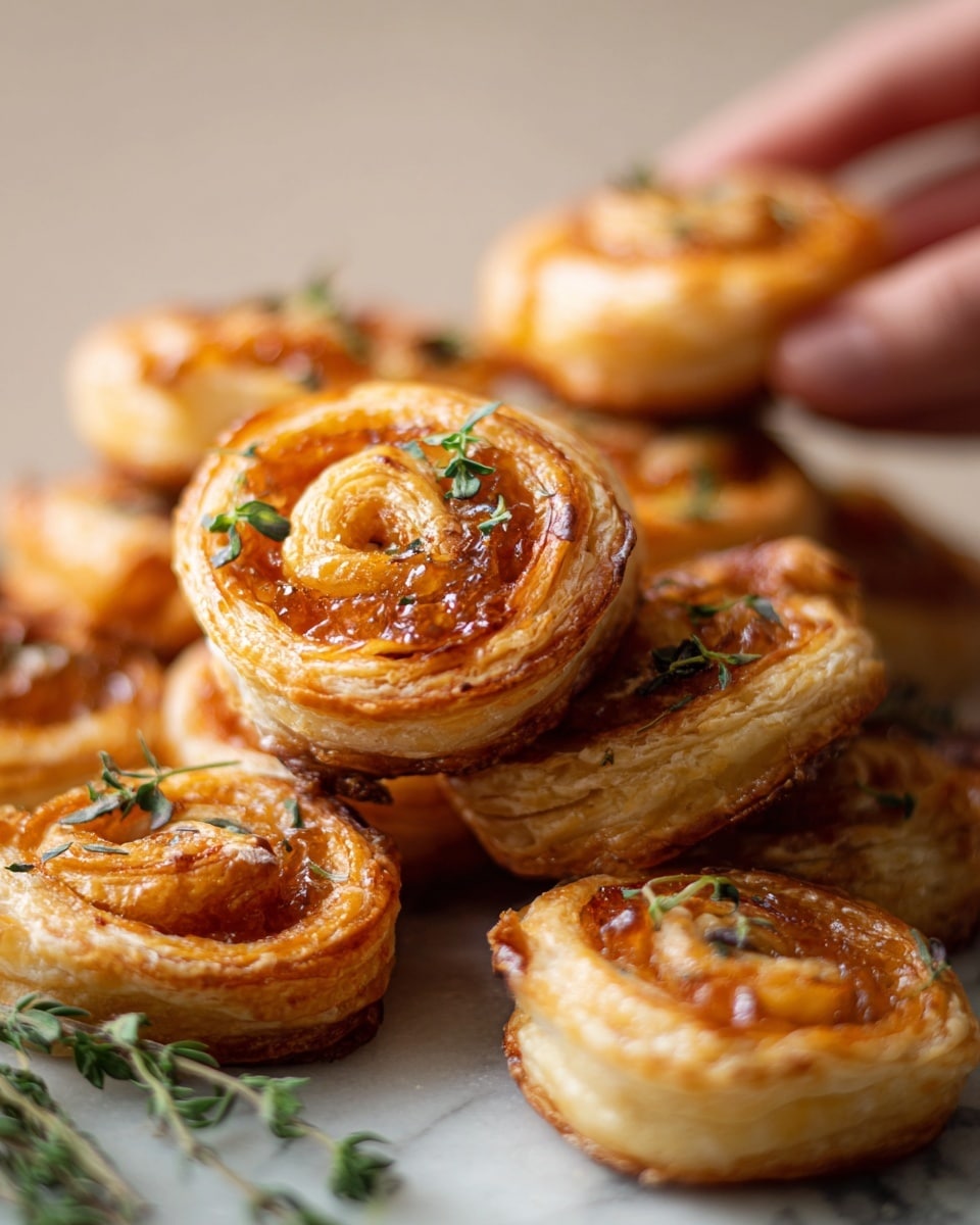 The image shows a close-up of several small, round puff pastry swirls stacked together on a white marbled background. Each pastry has visible layers of golden-brown, flaky dough with a shiny, slightly sticky glaze on top. The swirls reveal a light orange filling that looks soft and slightly caramelized. Small green herb leaves are scattered on top as garnish. In the upper left corner, a woman's hand is gently holding one pastry. The overall color palette is warm with golden, orange, and green tones, and the pastries have a crispy, textured look. Photo taken with an iphone --ar 4:5 --v 7