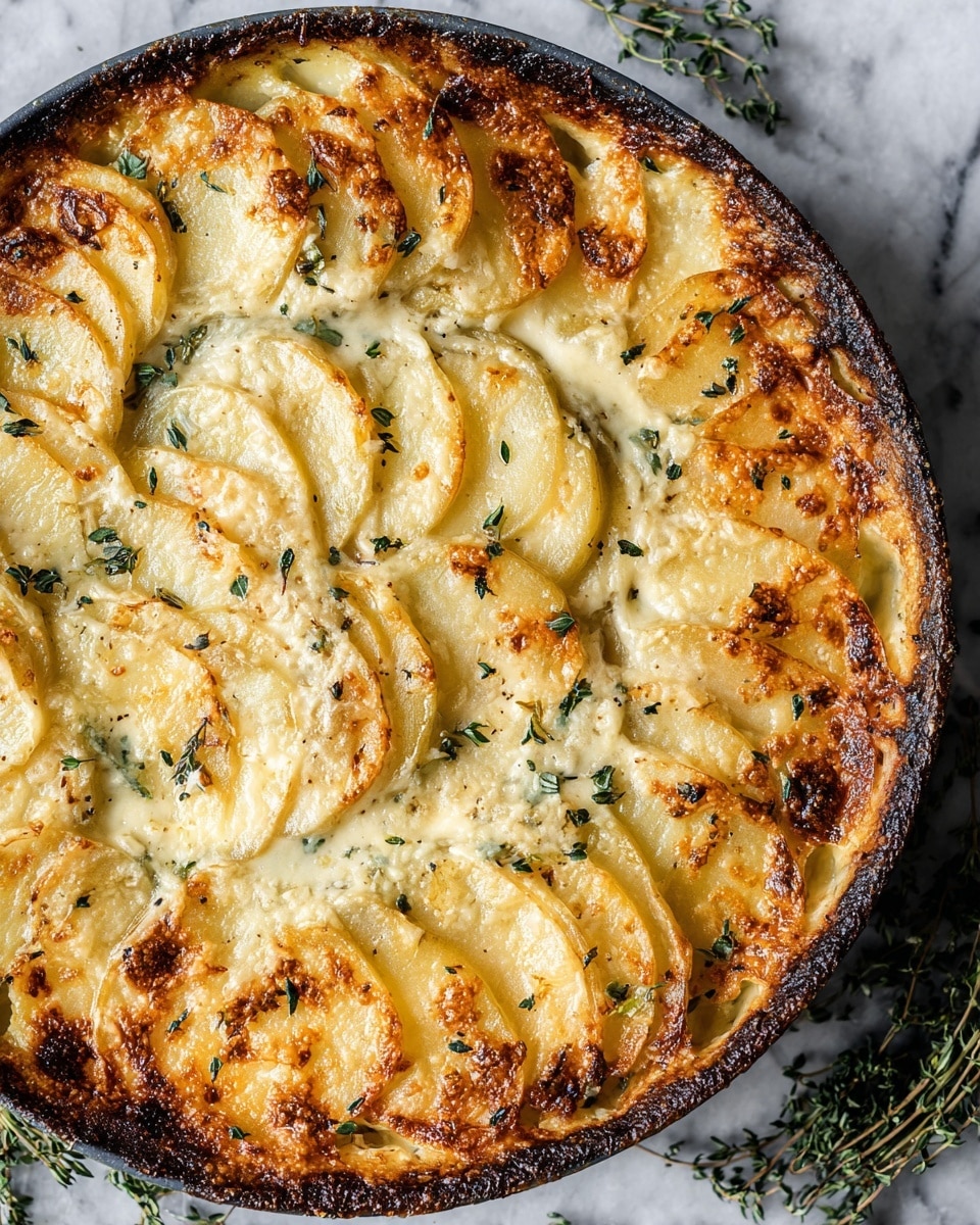 A round dish shows a golden baked potato gratin with about three visible layers of thinly sliced potatoes. The potato slices are arranged neatly in circular overlapping rows, each slice browned and crisp on the edges with a creamy, melted cheese sauce filling the gaps beneath. Small bits of green herbs are scattered across the top, adding a touch of color. The dish is baked in a dark pan that contrasts with the creamy, light golden tones of the potatoes. The edges of the gratin have a darker, crispier crust. The background is a white marbled surface with some herb sprigs placed near the pan. Photo taken with an iphone --ar 4:5 --v 7
