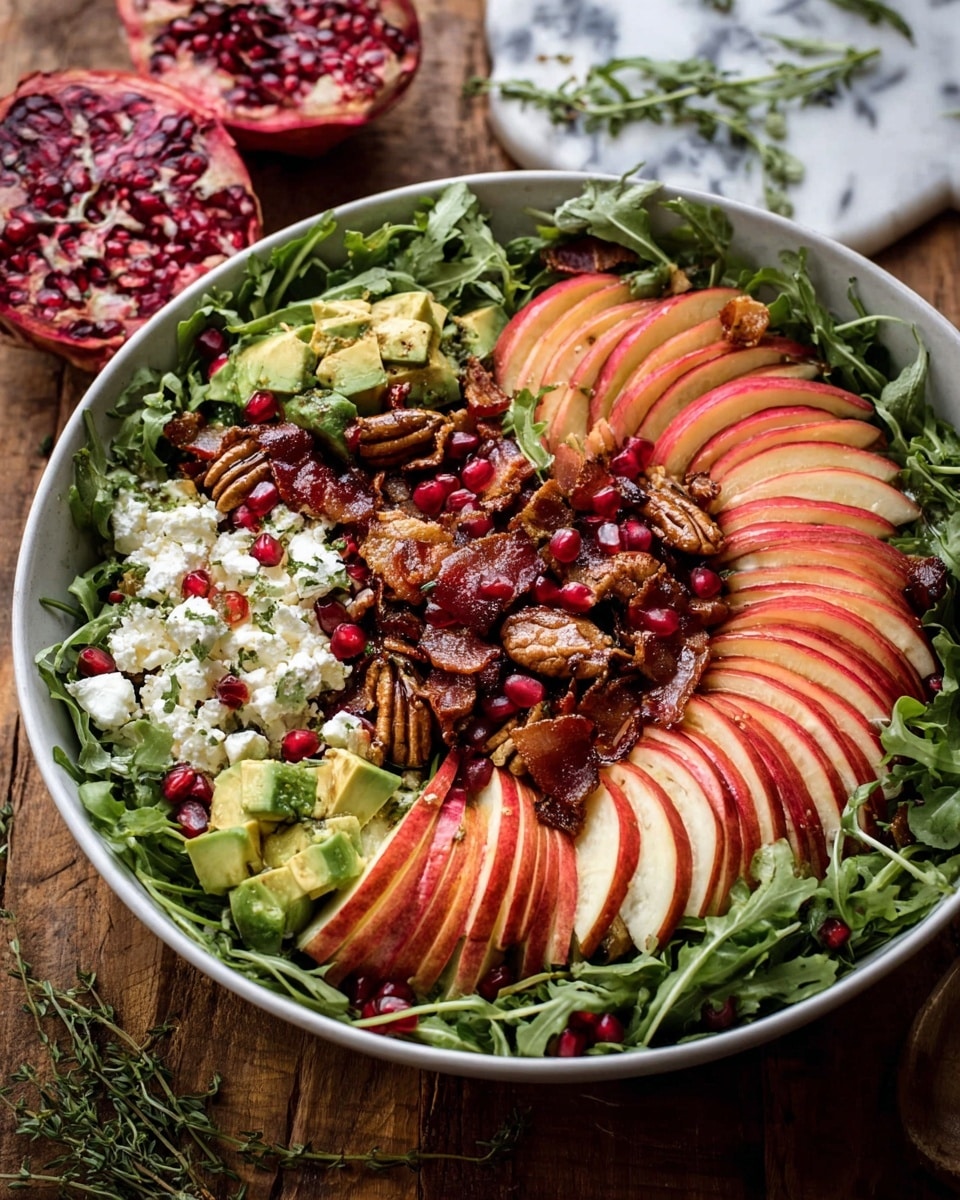 A large white bowl filled with fresh, leafy arugula as the base layer, topped with thin, fanned slices of bright red apples arranged in several small clusters across the salad. Scattered over the salad are deep red pomegranate seeds, chunks of creamy white cheese, and roasted nuts with a shiny, caramelized texture. There are also small pieces of crispy bacon adding a reddish-brown color and some green avocado chunks mixed in. The bowl is placed on a wooden surface with a halved pomegranate and small green herbs nearby on a white marbled texture. photo taken with an iphone --ar 4:5 --v 7