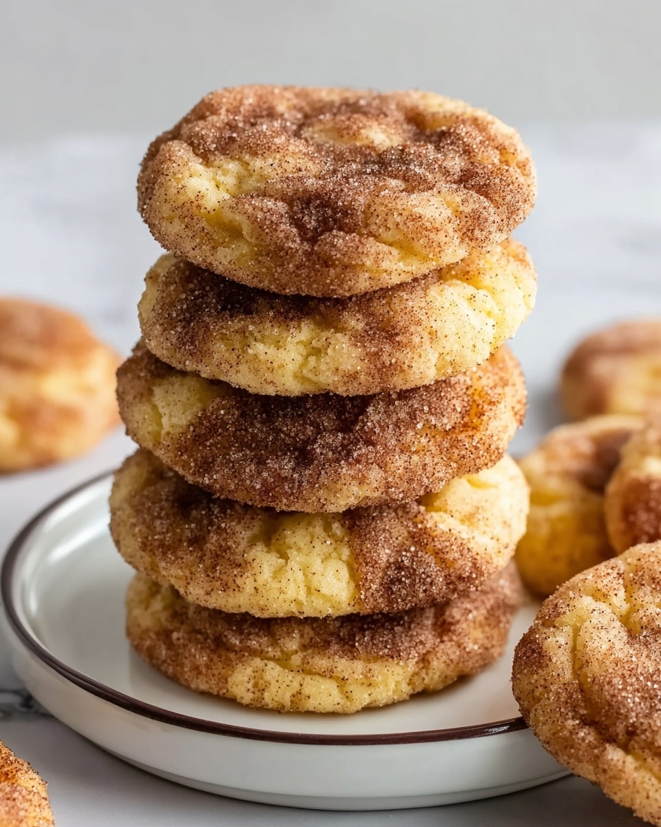 A stack of soft, round cookies covered in a crust of cinnamon sugar sits on a white plate with a thin dark rim, placed on a white marbled surface. The cookies have a golden-yellow base with uneven patches of brown cinnamon sugar, giving them a rough, grainy texture. The stack appears to be about six cookies high, and there are a few more cookies scattered around the plate on the marbled background. The cookies have a slightly cracked surface that shows their soft interior. photo taken with an iphone --ar 4:5 --v 7