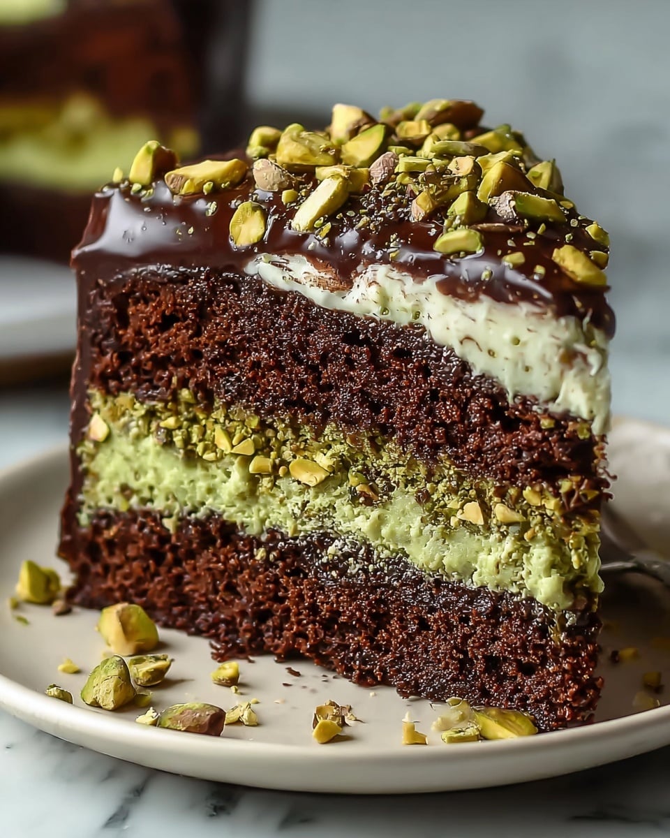 A close-up of a three-layer cake slice on a white plate, placed on a white marbled surface. The bottom and middle layers are dark brown, moist chocolate cake. Between them is a thick, light green creamy layer with chopped green pistachios mixed in. The top layer is a smooth, glossy dark chocolate ganache topped with whole and chopped pistachios, some spilling over the sides and scattered on the plate. The cake texture looks soft and rich, with a mix of smooth, creamy, and crunchy elements. Photo taken with an iphone --ar 4:5 --v 7