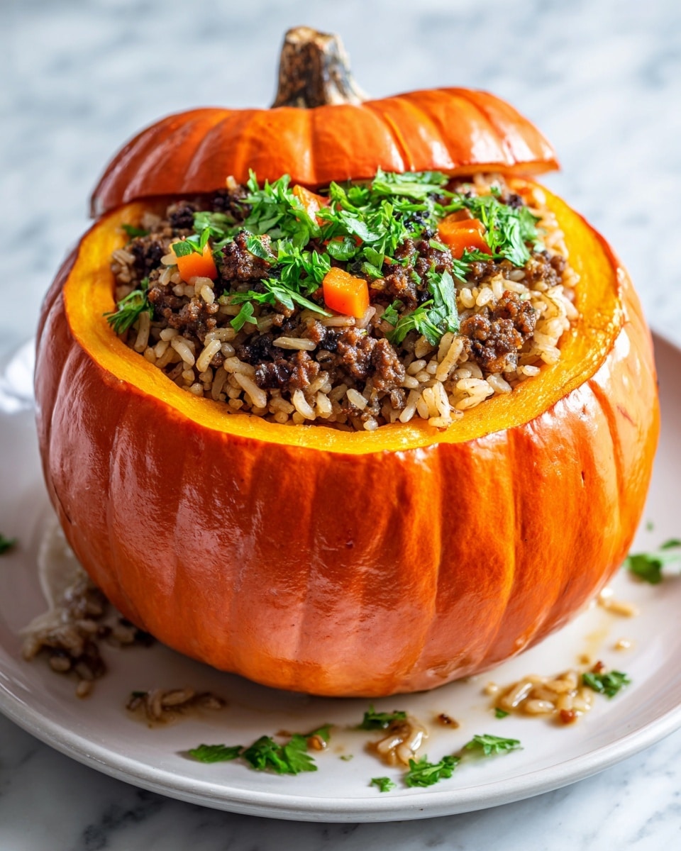 A cooked yellow bell pepper is cut open and stuffed with a mix of cooked rice and ground meat, showing two main layers: the shiny, slightly charred yellow outer pepper shell, and the inner layer of seasoned rice with wild rice grains mixed with browned ground meat, filling the pepper completely; some rice and meat spill out onto the white plate beneath, which has a pool of light yellow oil around the base. The background is a white marbled texture with blurred glasses and other items. photo taken with an iphone --ar 4:5 --v 7