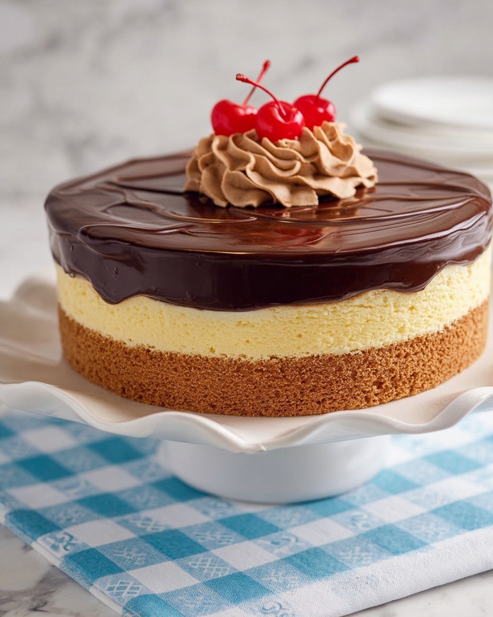 A round cake with three visible layers standing on a white cake stand with a scalloped edge, placed on a white marbled texture with a blue and white checkered cloth underneath. The bottom and middle layers are light brown with a spongy texture, while the middle layer is pale yellow, creamy and smooth. The top layer is glossy dark brown chocolate with a swirled pattern. On top of the cake, a small swirl of light brown cream holds two bright red cherries with stems. Photo taken with an iphone --ar 4:5 --v 7