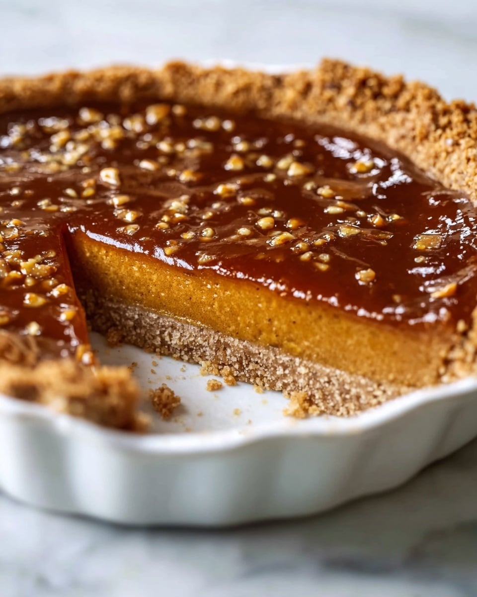 A close-up of a pie with three visible layers in a white pie dish on a white marbled surface. The bottom layer is a light brown crumbly crust, about one-fifth of the pie height. Above it is a thick, smooth, medium brown filling that takes up most of the pie’s height. The top layer is a glossy dark amber caramel-like topping with scattered small nut pieces, slightly uneven and shiny under the light. The pie crust edge is golden brown and slightly crimped with a rough texture. Photo taken with an iphone --ar 4:5 --v 7