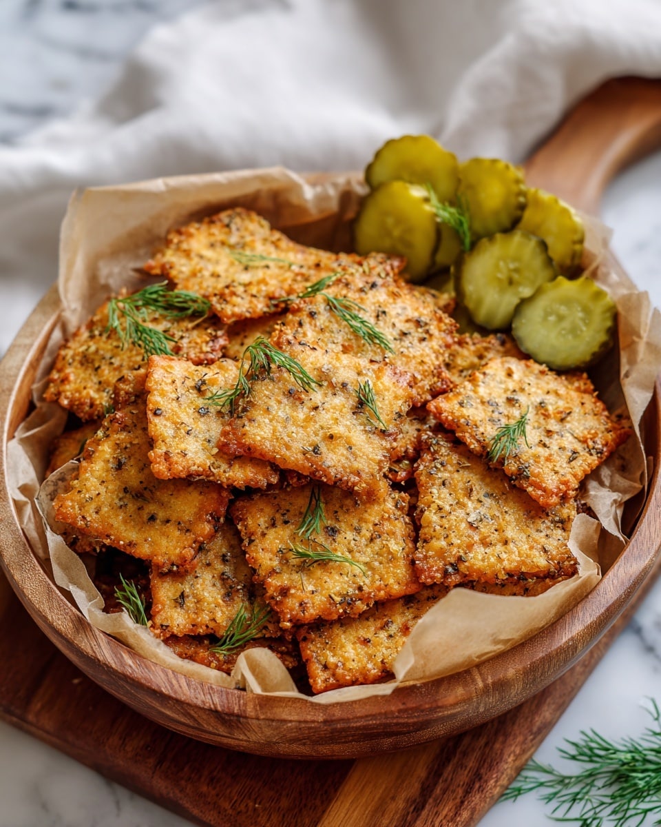 A round wooden bowl lined with light brown parchment paper holds a pile of square-shaped crackers that are golden brown with a slightly rough texture, sprinkled with small bits of herbs and spices. The crackers have uneven edges and are stacked in layers, some overlapping others. Bright green sprigs of fresh dill are scattered on top and between the crackers, adding a touch of color. On one side of the bowl, thin bright green pickle slices are arranged in a small cluster. The bowl is set on a wooden board, placed on a white marbled surface with a soft white cloth folded in the background. Photo taken with an iphone --ar 4:5 --v 7