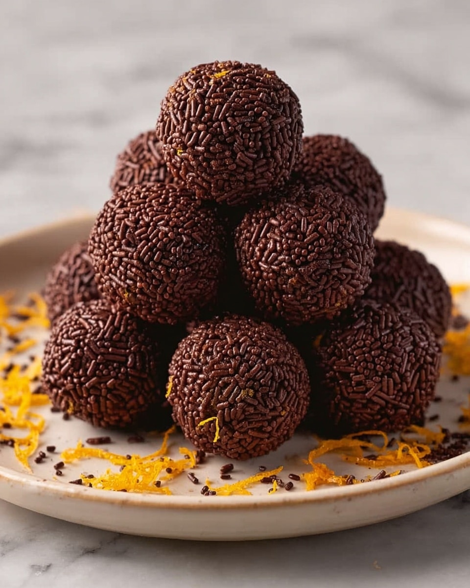 A stack of round chocolate balls covered evenly with small, dark brown chocolate sprinkles is placed on a white plate. The balls are arranged closely, forming a small pyramid shape with three layers: the bottom layer has several balls tightly packed, the middle layer has fewer, and one ball sits on top. Around the base of the stack, thin orange zest strands and scattered chocolate sprinkles add color contrast on the white marbled surface. The texture of the chocolate sprinkles is rough and dense, while the orange zest is bright and curly. Photo taken with an iphone --ar 4:5 --v 7