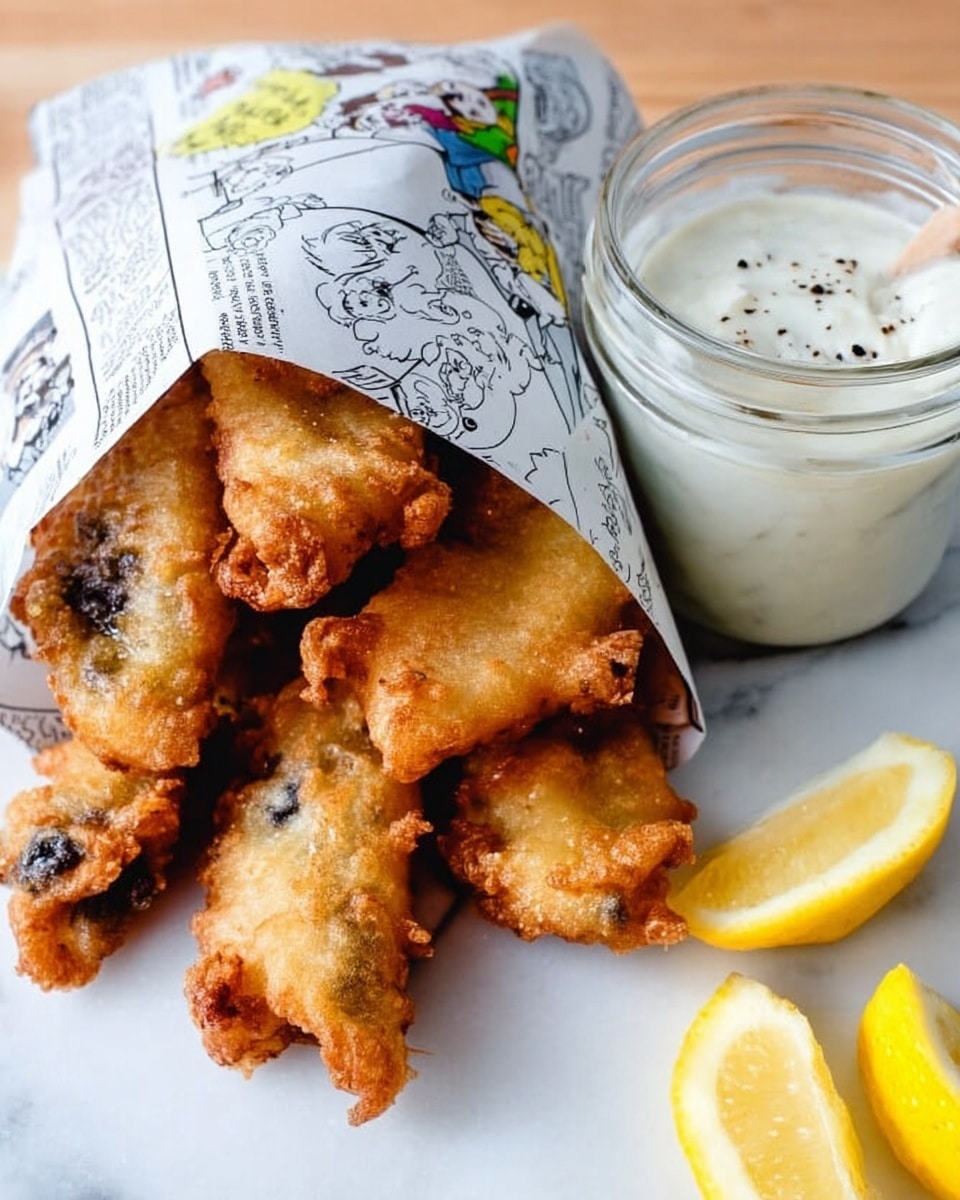 The image shows crispy golden-brown fried fish pieces wrapped in a comic-printed newspaper, sitting on a white marbled surface. The fish pieces have a textured, bubbly crust with darker spots from the frying, arranged in a small stack with some peeking out from the newspaper wrap. To the right, there is a small glass jar filled with white tartar sauce topped with ground black pepper, and beside it are two bright yellow lemon wedges with a juicy, slightly shiny texture. Photo taken with an iphone --ar 4:5 --v 7