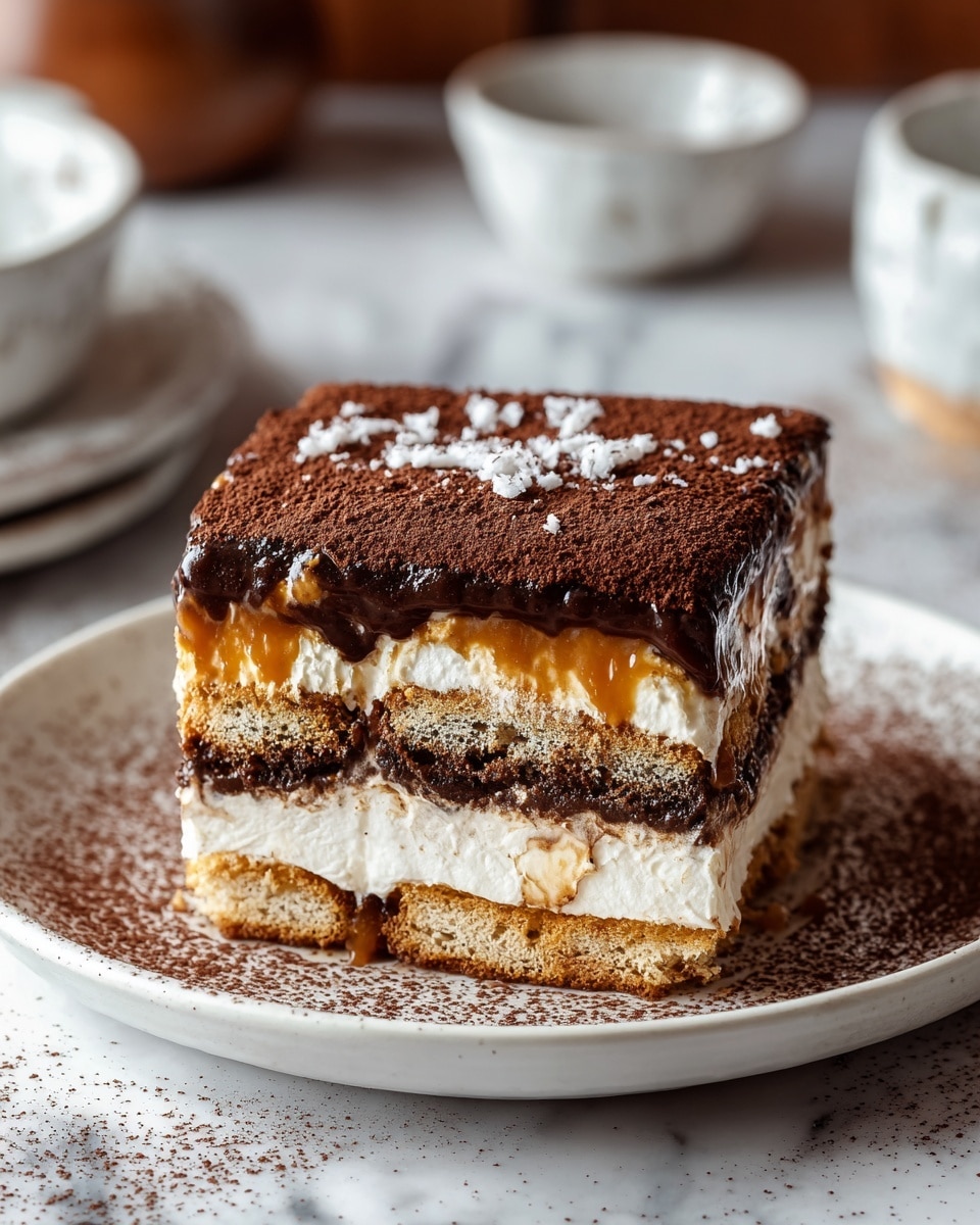 A square layered dessert sits on a white plate with cocoa powder scattered around its edges. The bottom layer is a light brown biscuit soaked in coffee, topped by a thick white creamy layer. Above this, there is a dark brown coffee-soaked biscuit layer, followed by a golden caramel sauce with a shiny texture. Next is another white creamy layer with bits of coffee-soaked biscuit embedded, and on top is a thick dark brown cocoa powder dusting covering the whole surface. Small white flakes are sprinkled over the cocoa powder. The setting includes a white marbled surface and blurred small white bowls in the background. photo taken with an iphone --ar 4:5 --v 7