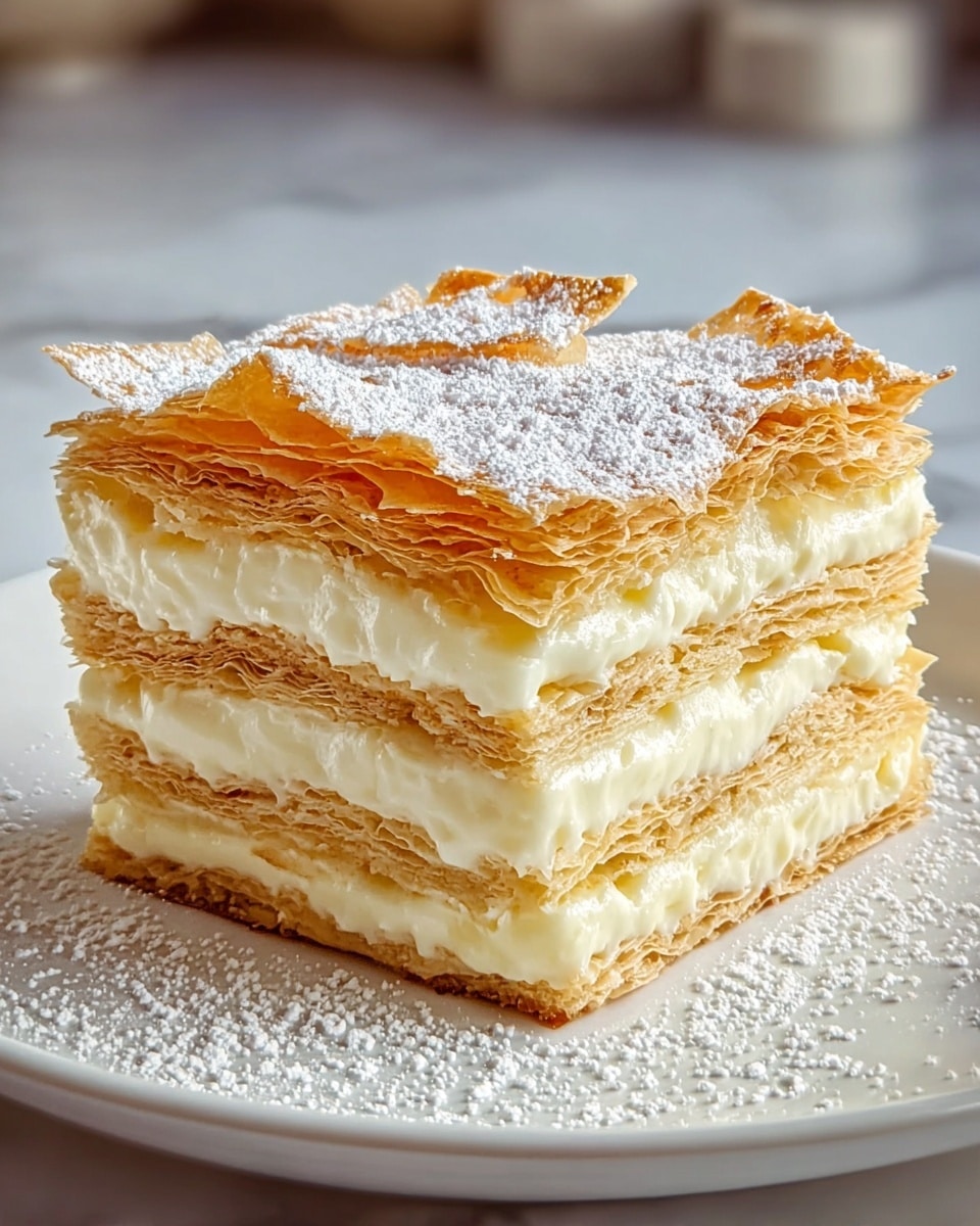 A square slice of layered pastry dessert sits on a white plate with a light dusting of powdered sugar. The dessert has three thick layers of creamy white filling, each separated by four thin, crisp, golden-brown flaky pastry layers. The top layer of the pastry is slightly uneven, with some jagged edges and a sprinkled dusting of powdered sugar, giving it a delicate texture. The dessert is set against a soft focus white marbled texture background, highlighting the rich and flaky details of the pastry. photo taken with an iphone --ar 4:5 --v 7