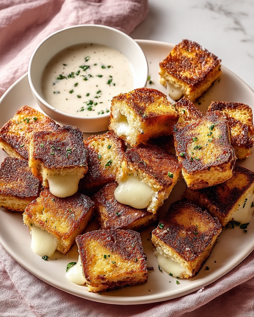 A white plate filled with about fifteen small square grilled cheese sandwiches, each showing a crispy, dark golden brown crust on both the top and bottom layers of toasted bread, with melted, gooey white cheese oozing out slightly from the sides. The sandwiches are sprinkled with small green herb bits for garnish. At the top of the plate is a small white bowl filled with a smooth, creamy white dipping sauce with a few green herb pieces scattered on the surface. The plate is placed on a soft pink cloth and the background is a white marbled texture. Photo taken with an iphone --ar 4:5 --v 7