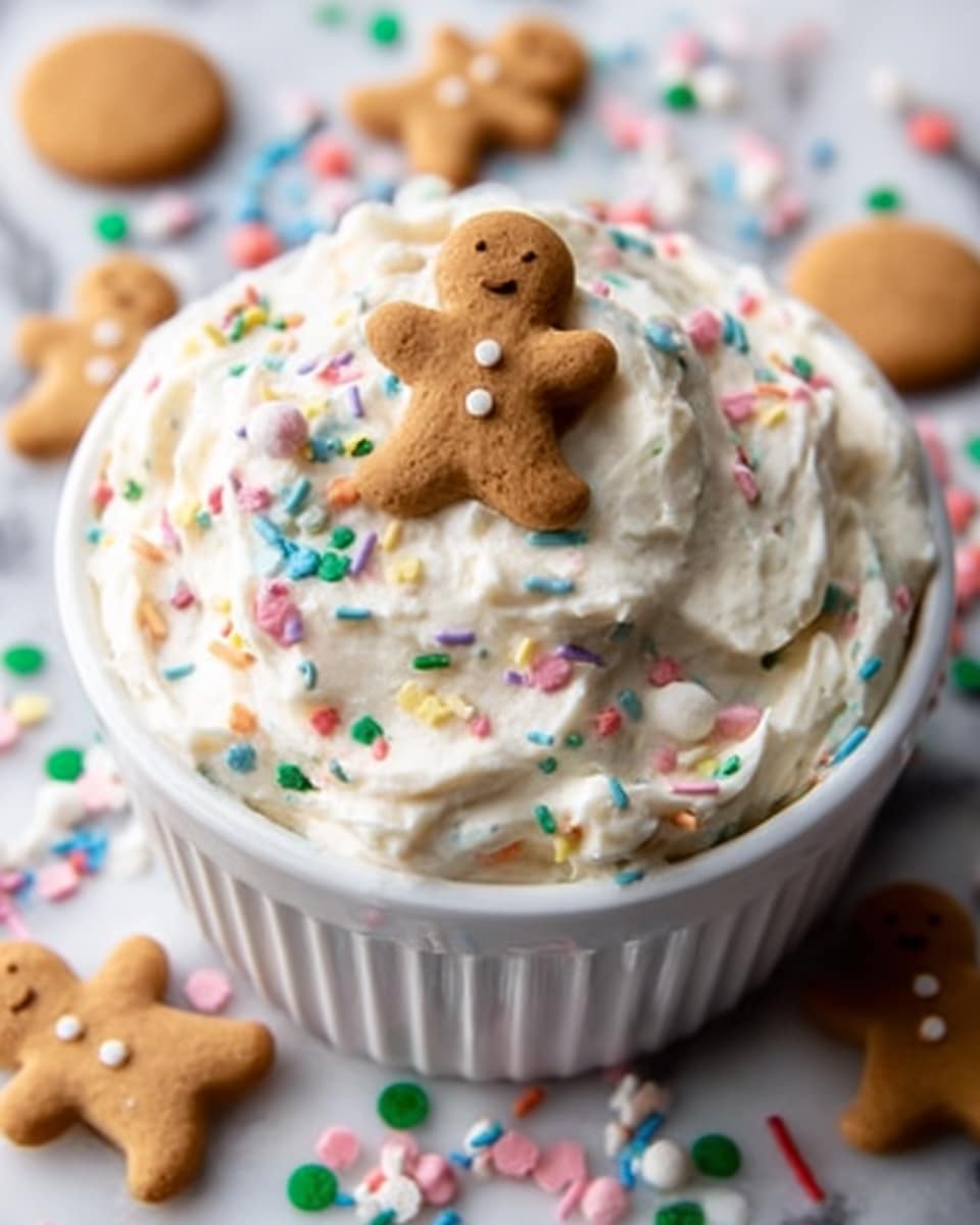 The image shows a white ramekin filled with a thick layer of creamy white frosting mixed with colorful sprinkles, topped with a small brown gingerbread man cookie placed in the center. The frosting is textured with swirls and small dollops, giving it a fluffy and rich look. Around the ramekin, there are scattered small round and gingerbread man shaped cookies, along with more colorful sprinkles spread over a white marbled surface, making the whole setting bright and festive. photo taken with an iphone --ar 4:5 --v 7