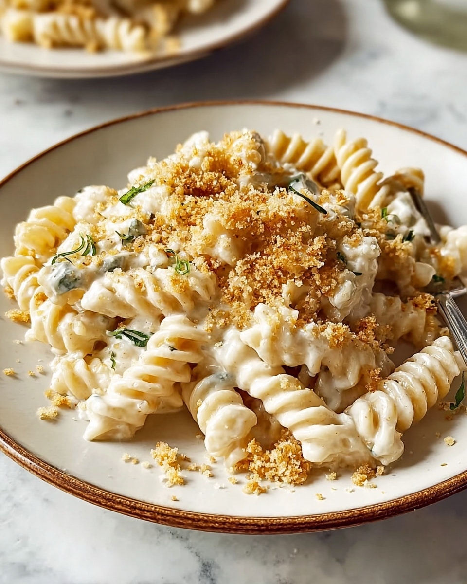 A white plate with a brown rim holds a serving of short spiral pasta coated in a thick, creamy white sauce with visible small green herb specks. The pasta is topped with a layer of light brown, crumbly crumbs sprinkled unevenly across the surface and some crumbs scattered on the plate. The dish is set on a white marbled texture surface with another plate of the same food blurred in the background. Photo taken with an iphone --ar 4:5 --v 7