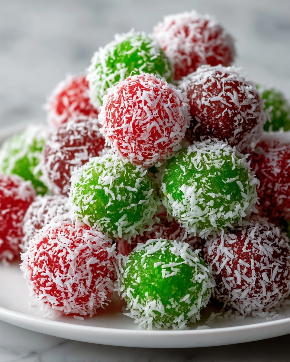 A white plate holds a pile of round, colorful candy balls, each covered in a layer of white shredded coconut. The candies are mainly red and green, with the red ones showing a smooth, shiny texture under the coconut and the green ones having a slightly translucent look. They are stacked close together, forming a small mound with some candies in sharp focus while others blur softly in the background. The scene is set on a white marbled surface, enhancing the bright colors of the candies. photo taken with an iphone --ar 4:5 --v 7