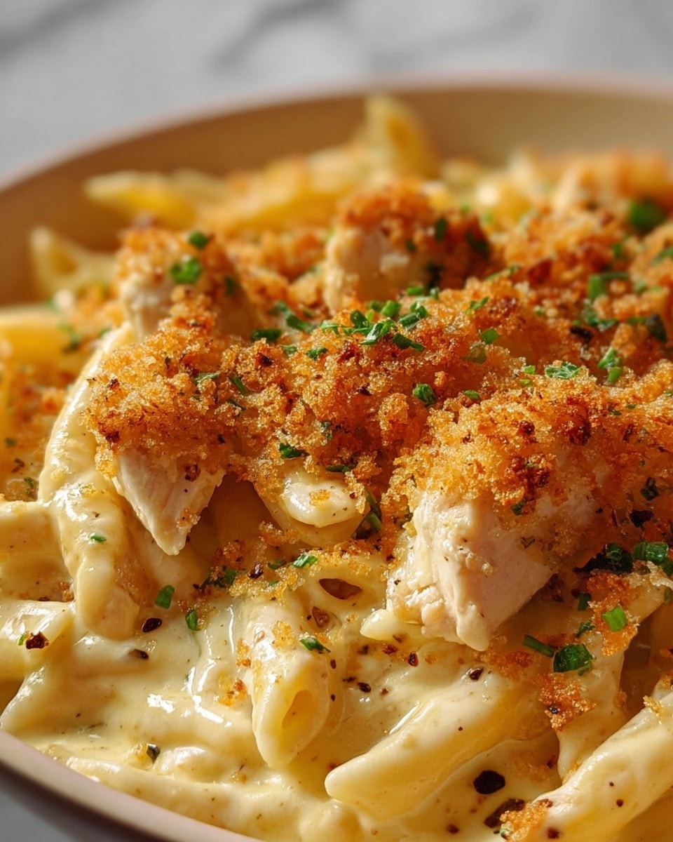 A close-up view of creamy pasta with a few large pieces of white chicken on top, all covered with golden brown crispy breadcrumbs. The pasta is coated in a smooth, pale yellow cheese sauce with small black pepper specks and bits of green herbs scattered throughout. The texture looks soft and rich, with the crunchy topping adding contrast. The dish is set against a white marbled texture in the background. photo taken with an iphone --ar 4:5 --v 7