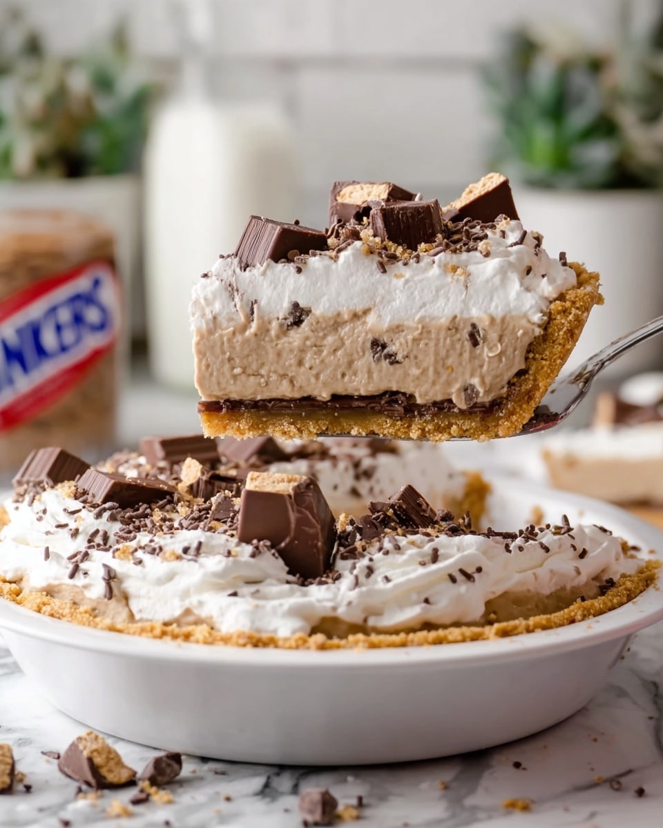 A slice of pie with three clear layers is shown being lifted from a white pie dish on a white marbled surface. The bottom layer is a golden-brown crumbly crust, the middle is a thick light brown creamy filling with small chocolate bits, and the top layer is white whipped cream with chocolate sprinkles. There are chocolate pieces resting on the whipped cream around the pie, and the slice also has a piece of chocolate on top of the whipped cream. The background has blurred plants and white objects, giving a fresh look. photo taken with an iphone --ar 4:5 --v 7