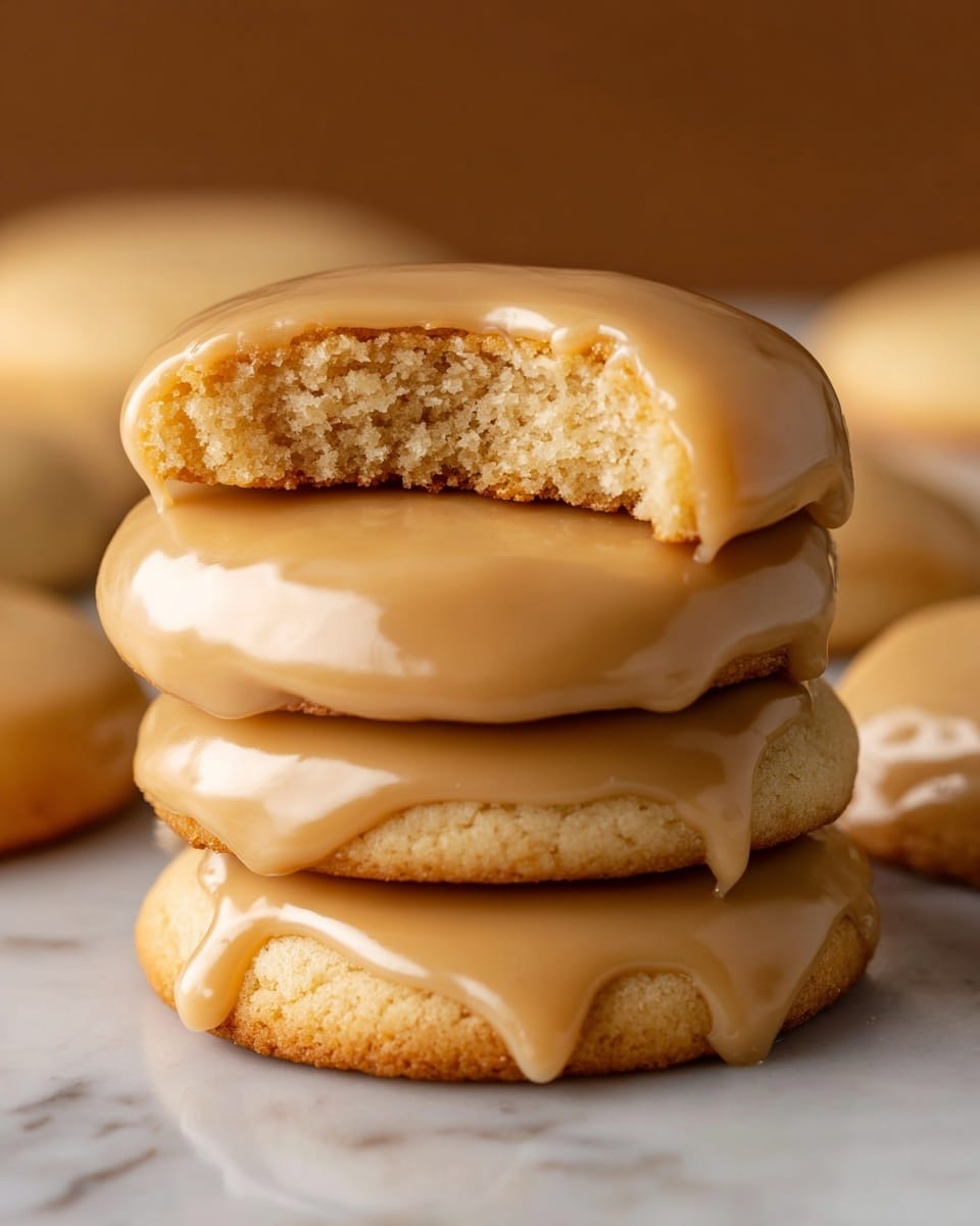 The image shows a stack of three round cookies, each with a smooth, shiny light brown glaze covering the top. The bottom cookie is slightly flat and pale golden brown with a soft texture visible at the edges. The middle cookie is similar, with the glaze dripping slightly over its edge. The top cookie has a bite taken out of it, revealing a crumbly, soft pale interior with a slightly darker golden base. More cookies with the same glaze look are blurred in the background on a white marbled texture. The lighting highlights the glossy glaze and the soft texture of the cookies. photo taken with an iphone --ar 4:5 --v 7