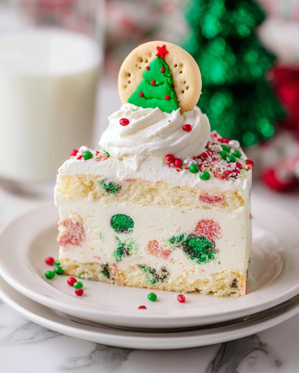 A slice of creamy white cake with visible layers includes a base layer of light yellow cake with green and red spots, a thick middle layer of smooth white cream with green and red spots inside, and a top layer of whipped cream decorated with a round cookie featuring a green Christmas tree and a red star on top. The cake is garnished with small red, green, and white round sprinkles, placed on a stack of two white plates, set on a white marbled surface. In the background, there is a blurry cup of white milk and a green Christmas tree-shaped decoration. Photo taken with an iphone --ar 4:5 --v 7