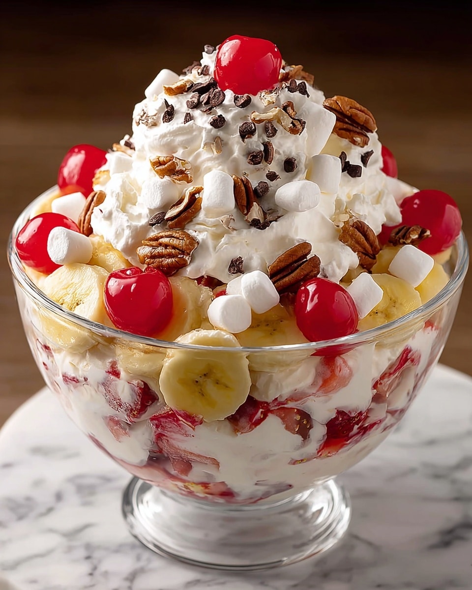 A large glass bowl filled with a layered dessert starts at the bottom with white whipped cream mixed with red strawberry pieces and slices of yellow banana. Above this is a thick layer of more white whipped cream topped with whole red cherries, white mini marshmallows, milk chocolate chips, and medium brown pecan halves scattered all over. The dessert is piled high in the bowl, with layers of the same ingredients visible from the side, showing the creamy and chunky texture. The background is a white marbled texture. photo taken with an iphone --ar 4:5 --v 7