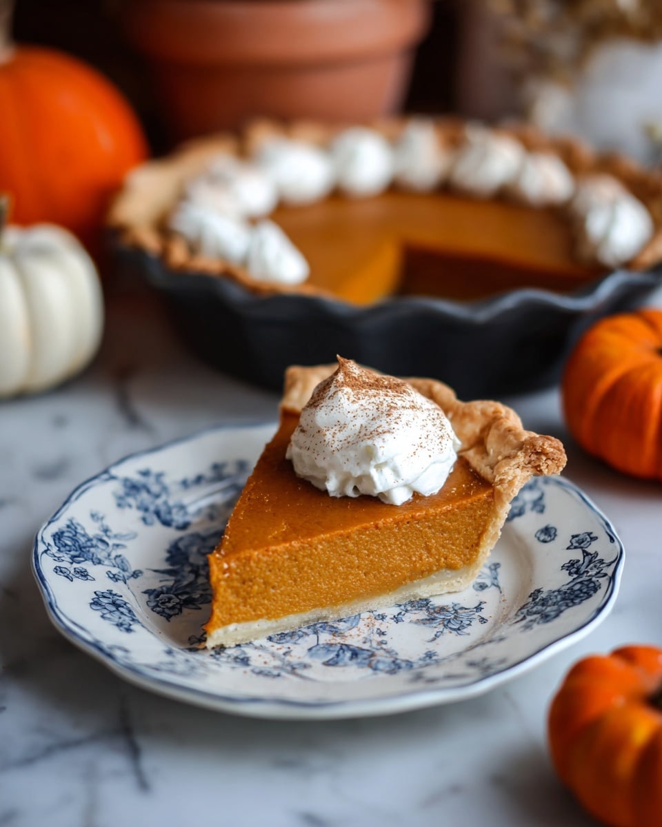 A slice of pumpkin pie sits on a white plate with a blue floral pattern. The pie has two visible layers: a thick, smooth orange pumpkin filling topped with a small, fluffy dollop of white whipped cream dusted with light brown cinnamon. The crust is golden brown and flaky, forming a raised edge around the slice. In the background, the rest of the pie is seen in a black pie dish, also decorated with small whipped cream dollops. Surrounding the dish are small orange and white pumpkins and a terra cotta pot, all resting on a surface with a white marbled texture. photo taken with an iphone --ar 4:5 --v 7