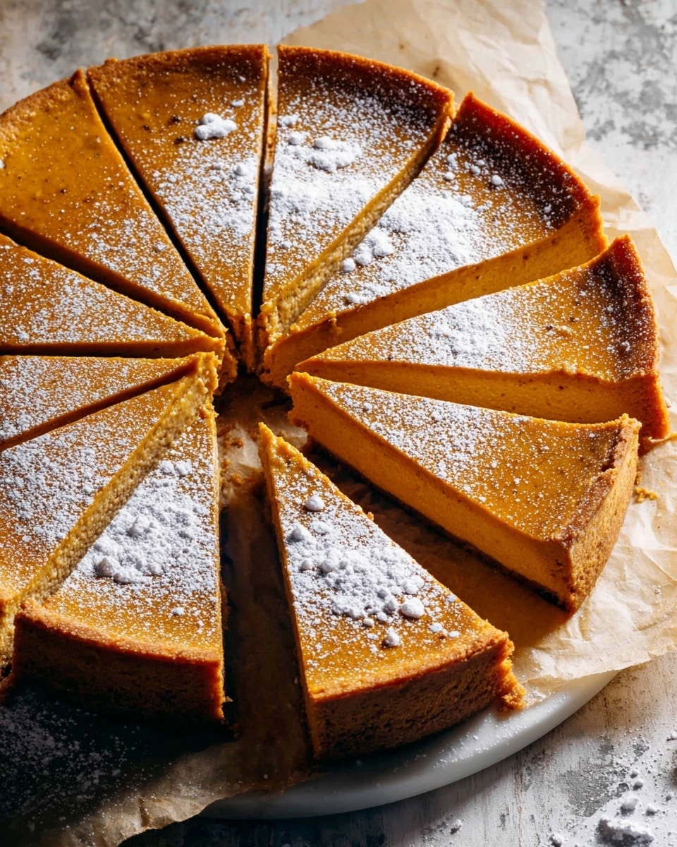 A round pumpkin pie cut into eight slices sits on a white parchment paper-lined round white plate over a white marbled surface. The pie has a thick crust edge that is golden brown and slightly raised. The top layer is smooth with a warm orange color and is dusted lightly with white powdered sugar, giving a soft, snowy look. One slice is lifted slightly, showing the dense, moist orange filling with a slightly darker bottom crust. The lighting highlights the pie’s texture and warm tones. Photo taken with an iphone --ar 4:5 --v 7